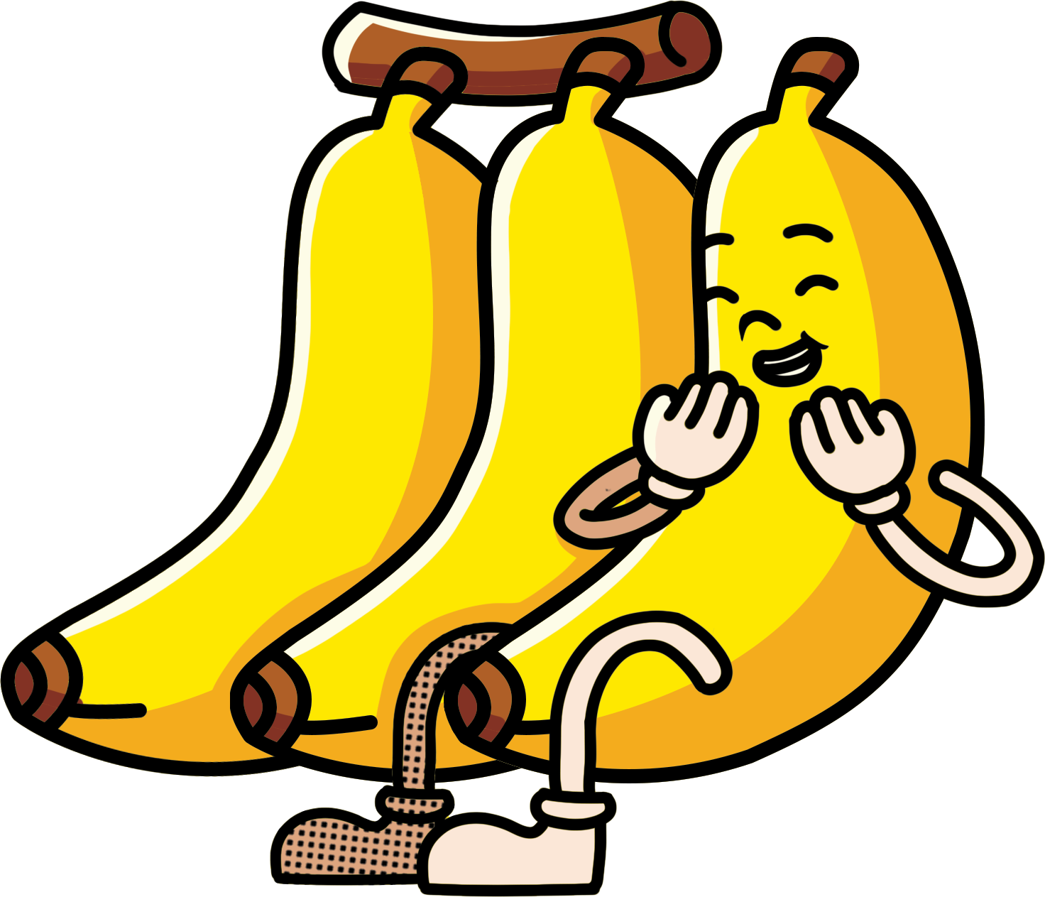 A cartoon of three yellow bananas with one banana personified as a smiling face with hands, arms, and legs, standing among the bananas.