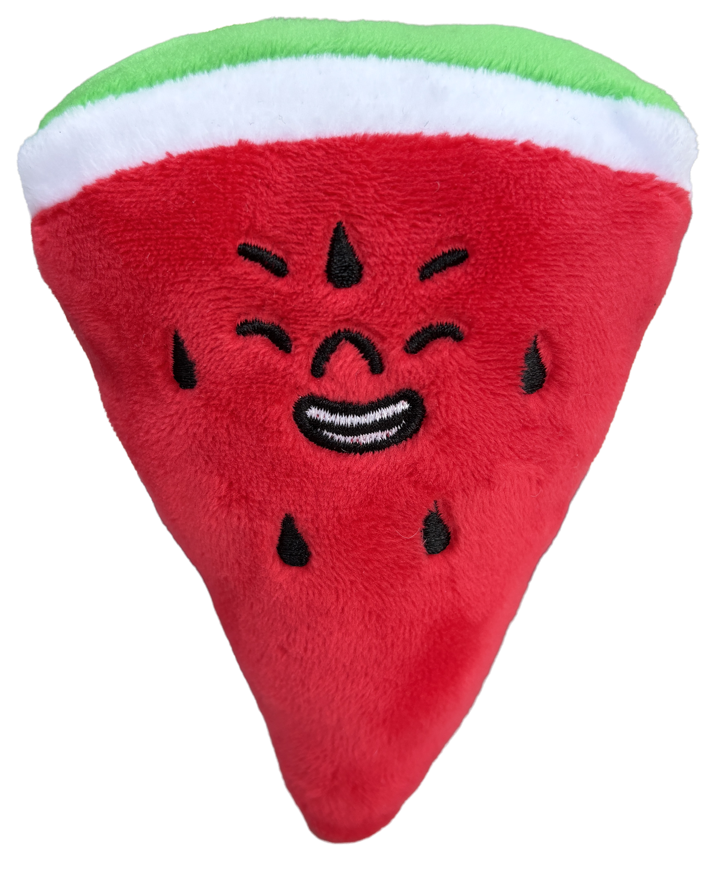 Close-up of a red plush toy in the shape of a watermelon slice with black embroidered seeds and a smiling face, topped with green, white, and red fabric layers resembling watermelon rind and flesh.