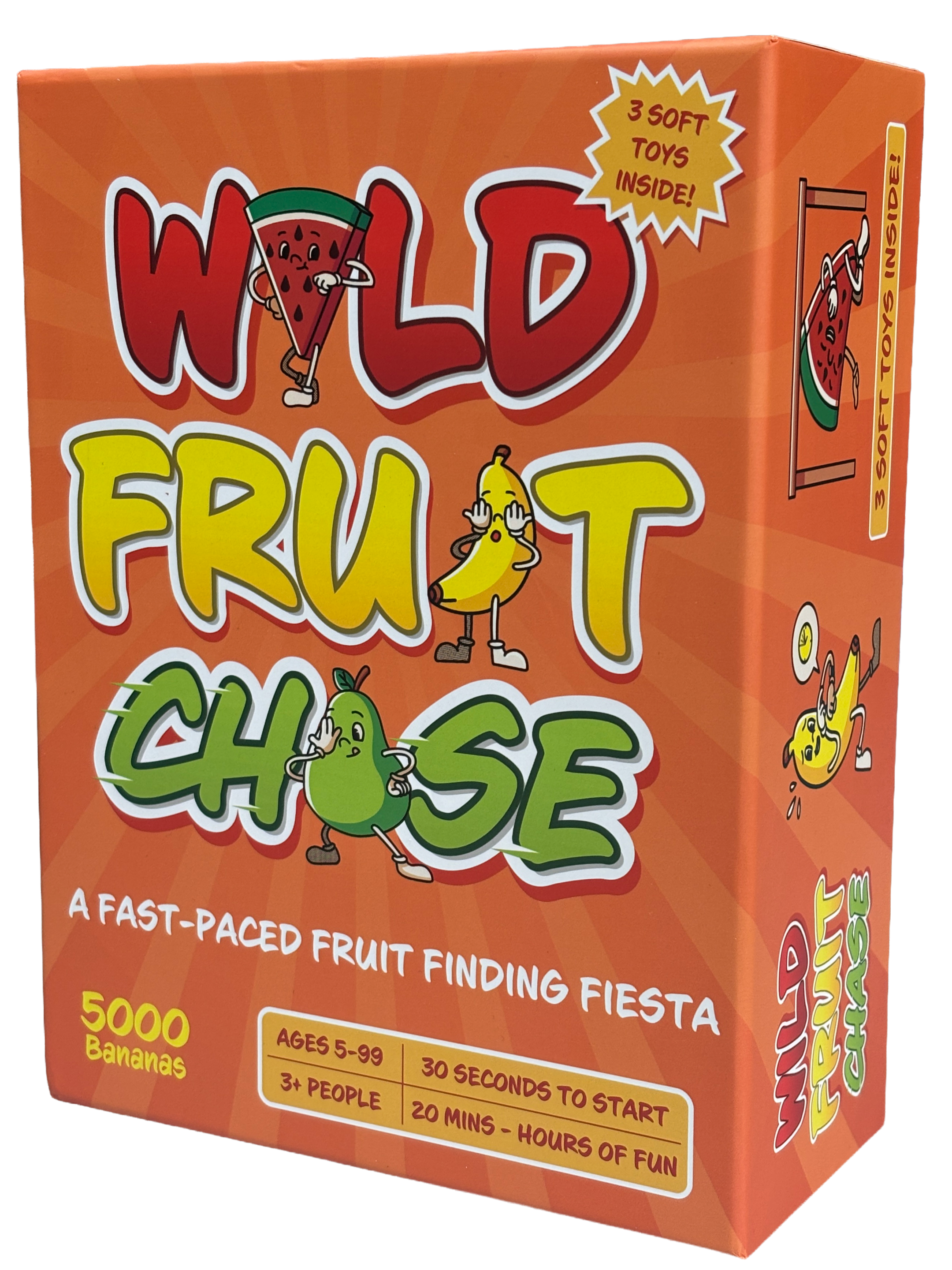 A bright orange box with playful cartoon fruit characters and bold text promoting a party game called "Wild Fruit Chase" for ages 5 to 99, involving finding soft toy fruits like bananas, with details about game duration and participants.
