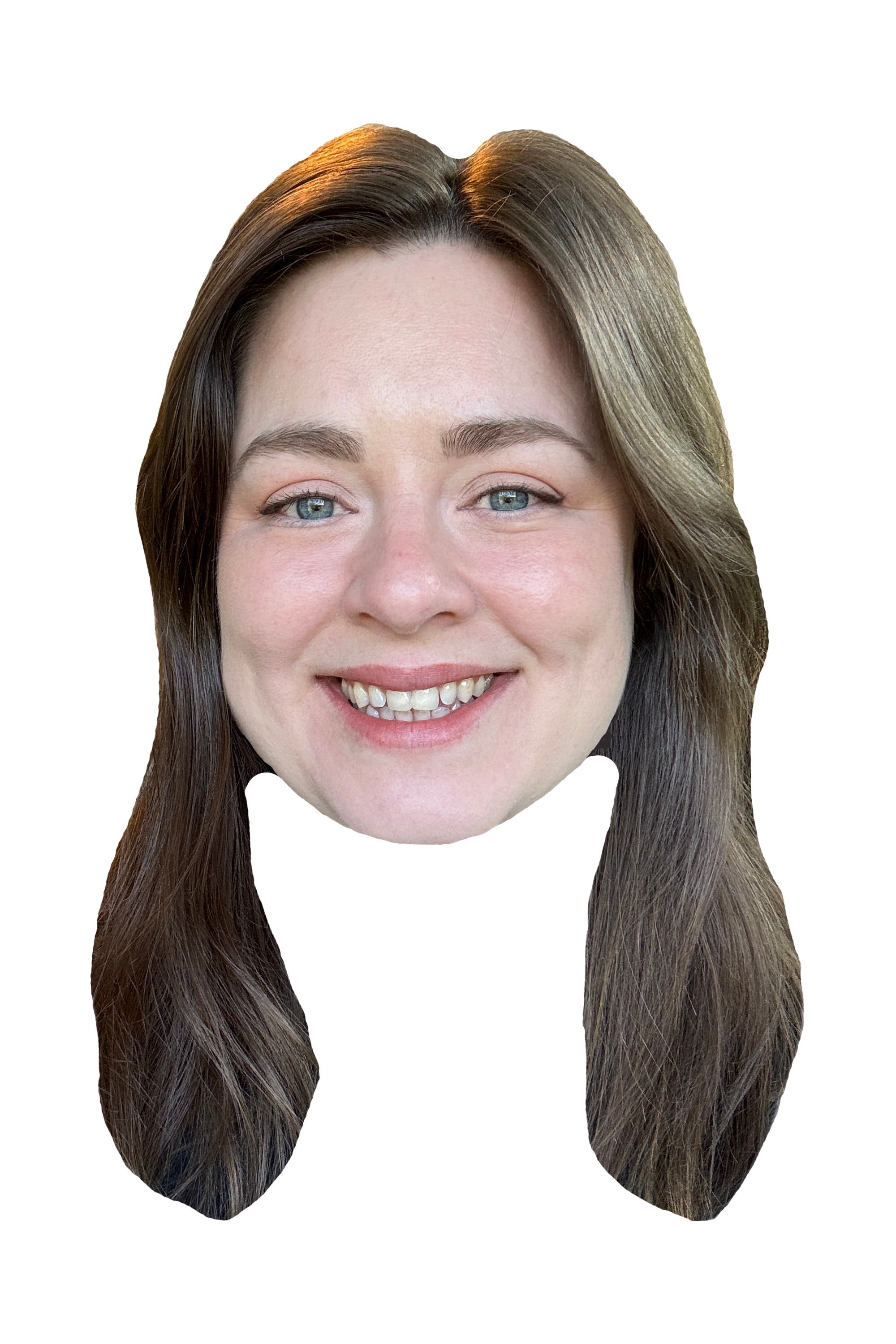 A woman with long brown hair, light skin, blue eyes, and a smiling expression.