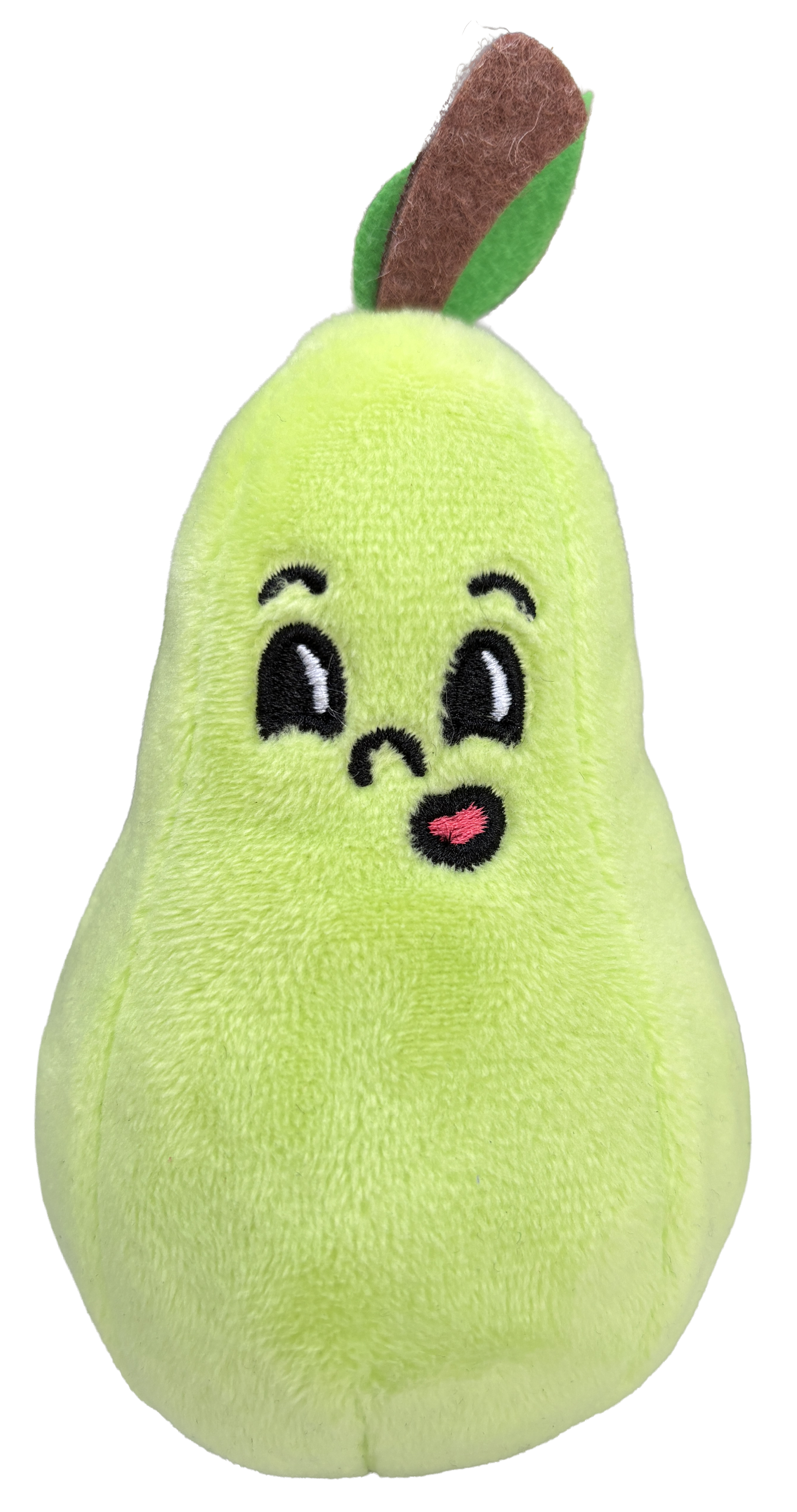 A plush toy designed to look like a green pear with a cartoon face, including big eyes, a small nose, and an open mouth with a pink tongue, with a brown felt stem and green felt leaf on top.