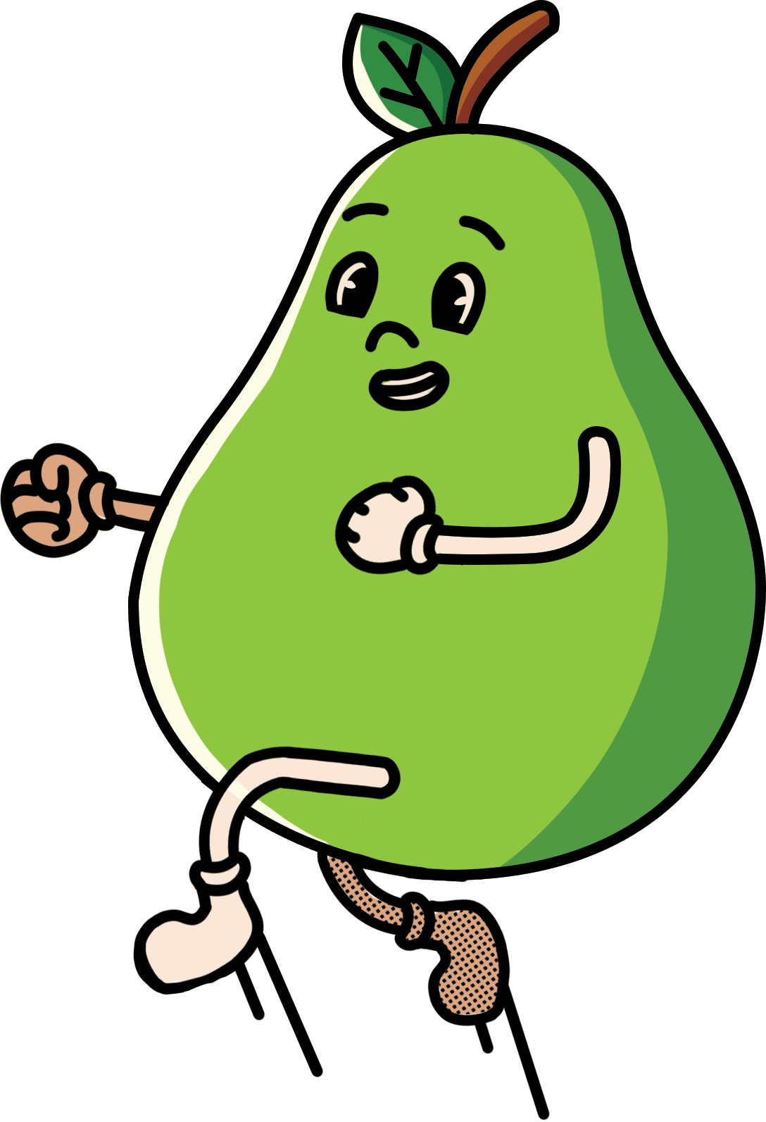 A cartoon illustration of a pear with arms and legs, hopping and smiling.