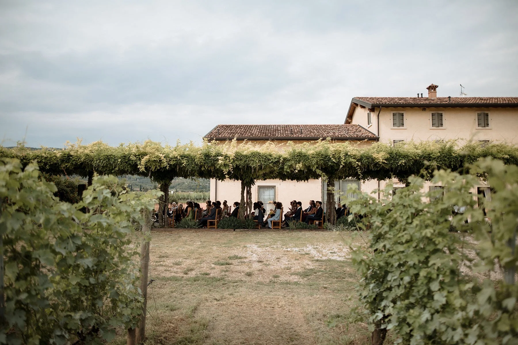 Giovani adulti seduti sotto un pergolato di vite in un vigneto, partecipando a un evento all'aperto vicino a una casa colonica in campagna.