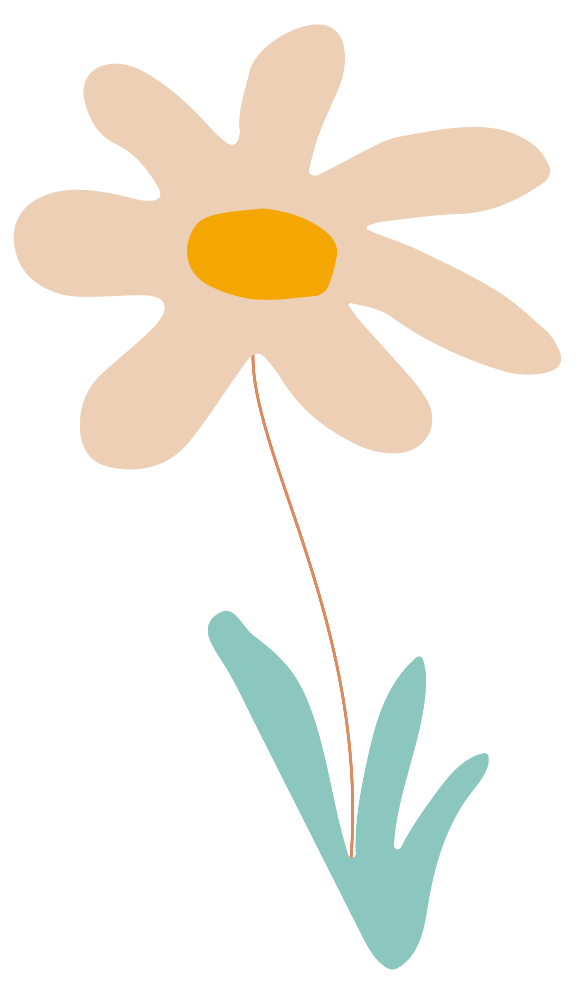 Dibujo simple de una flor con pétalos beige, centro naranja y tallo con hojas verdes.