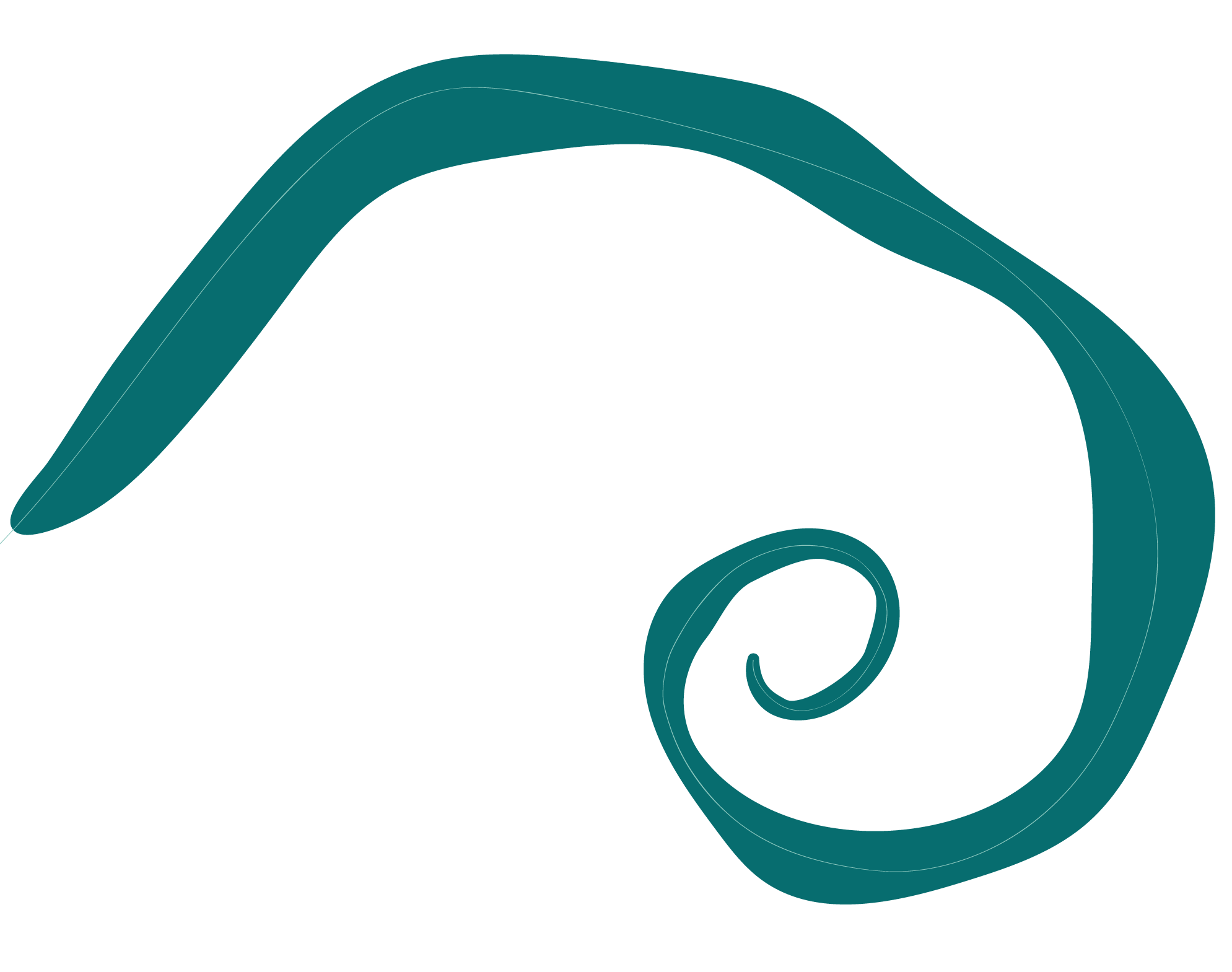 Un diseño artístico con una línea curva que forma una espiral y una forma de hoja estilizada en color azul oscuro.