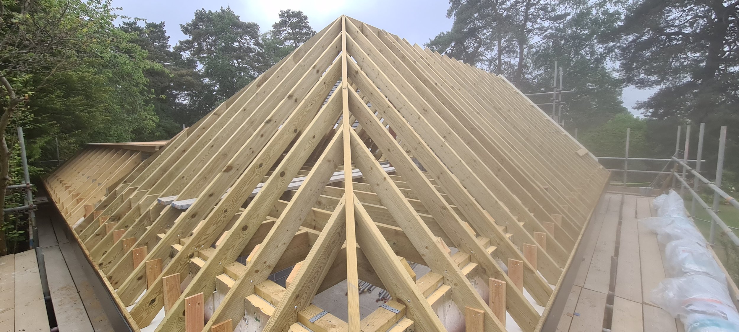 Construction of a wooden roof frame with multiple triangular rafters on a building in progress, surrounded by scaffolding and trees in the background.
