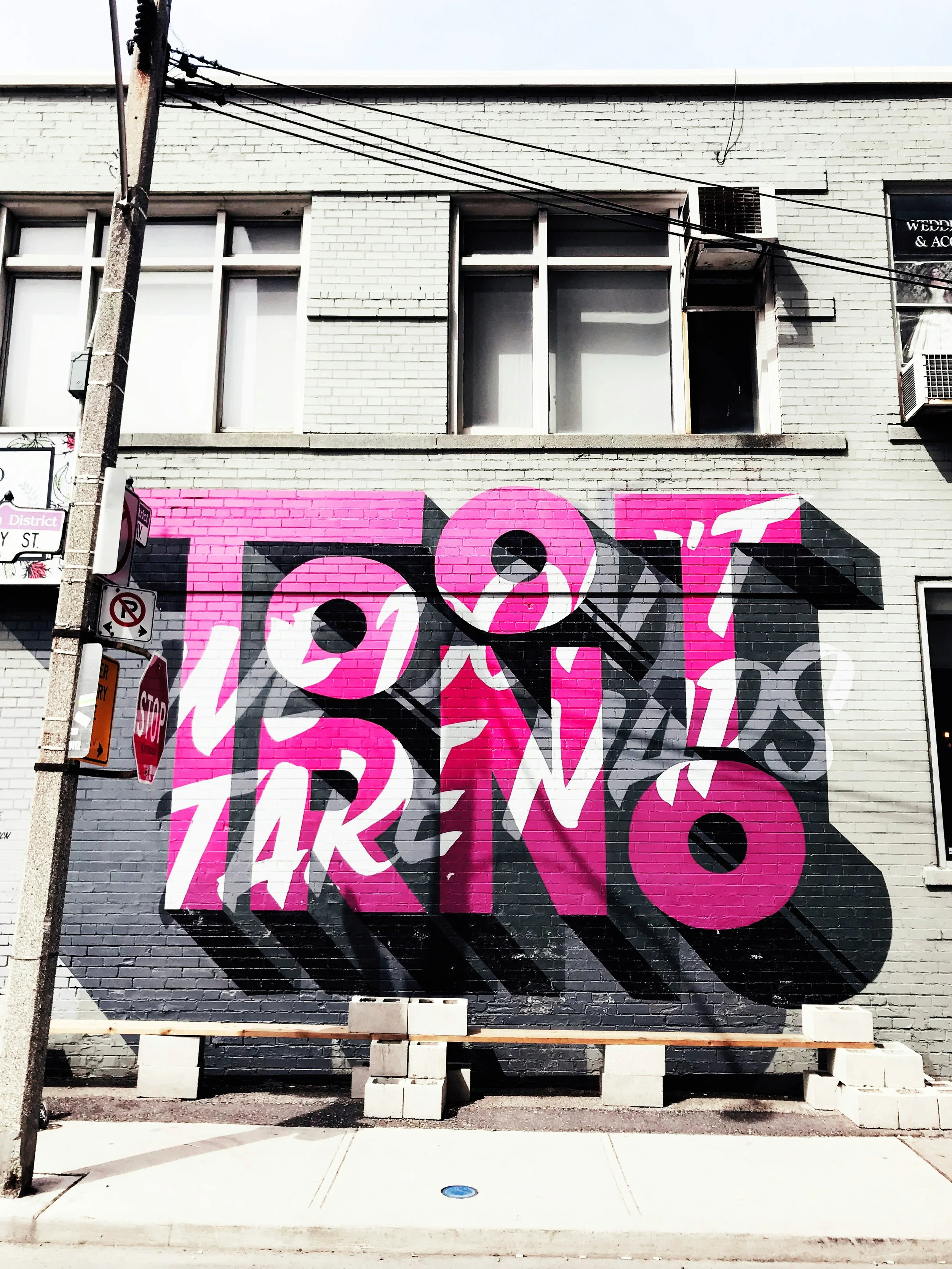 Colorful graffiti on a brick wall depicting the phrase "DON'T TAKE NO" in bold pink and white letters on a black background. Overhead wires and a street sign are visible to the left.