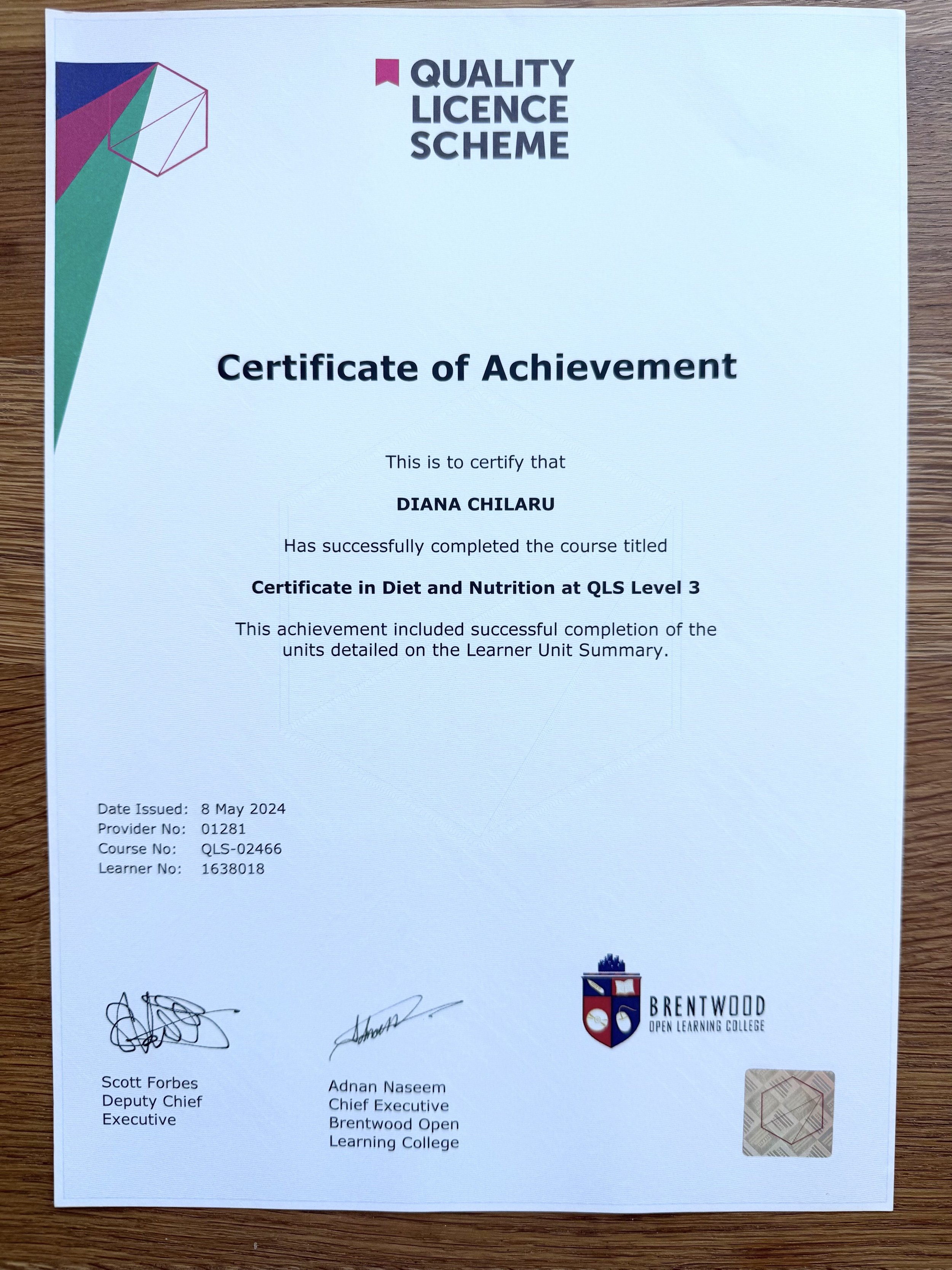 Certificate in Diet and Nutrition at QLS Level 3