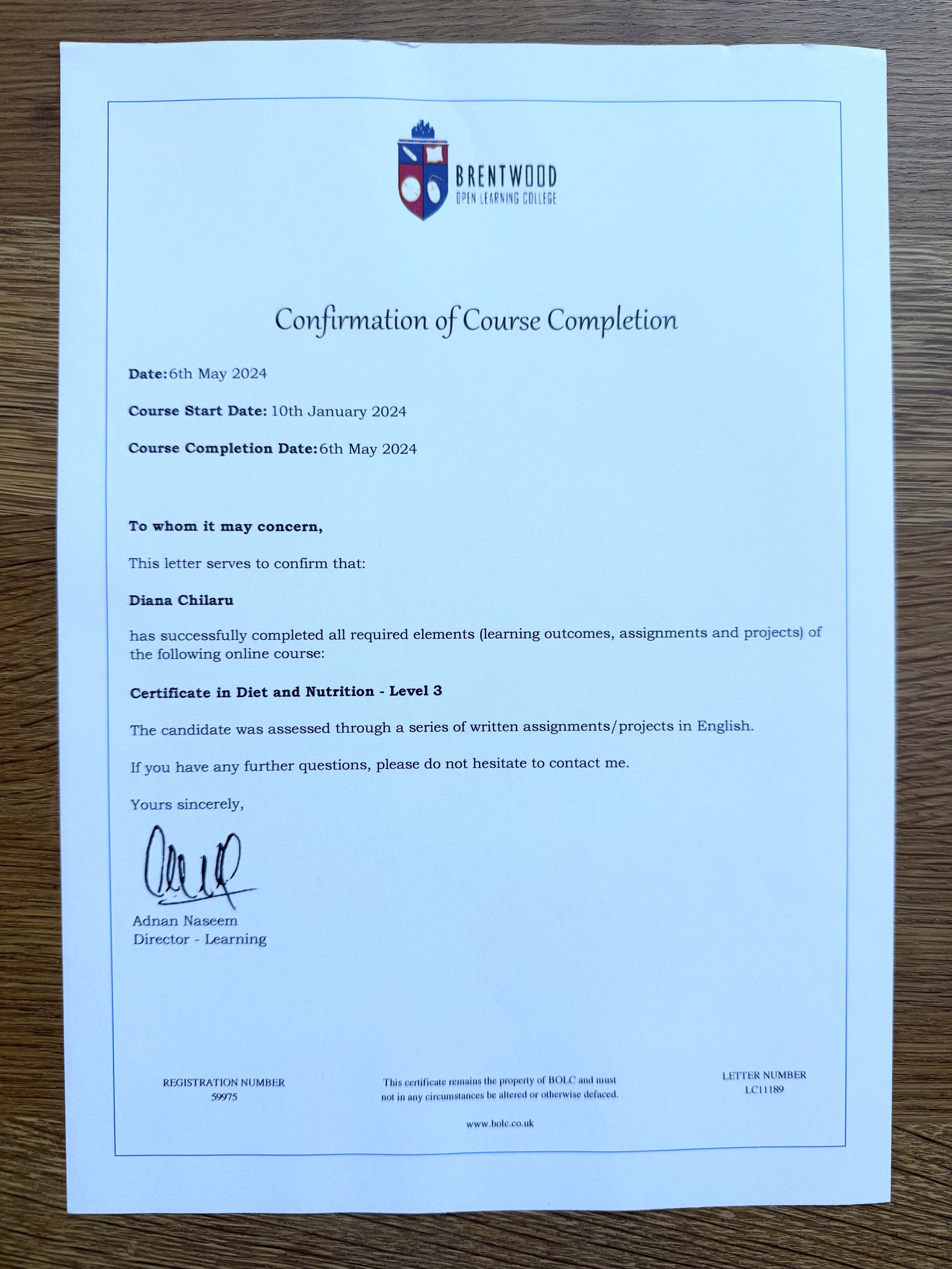 Certificate in Diet and Nutrition Level 3 Confirmation