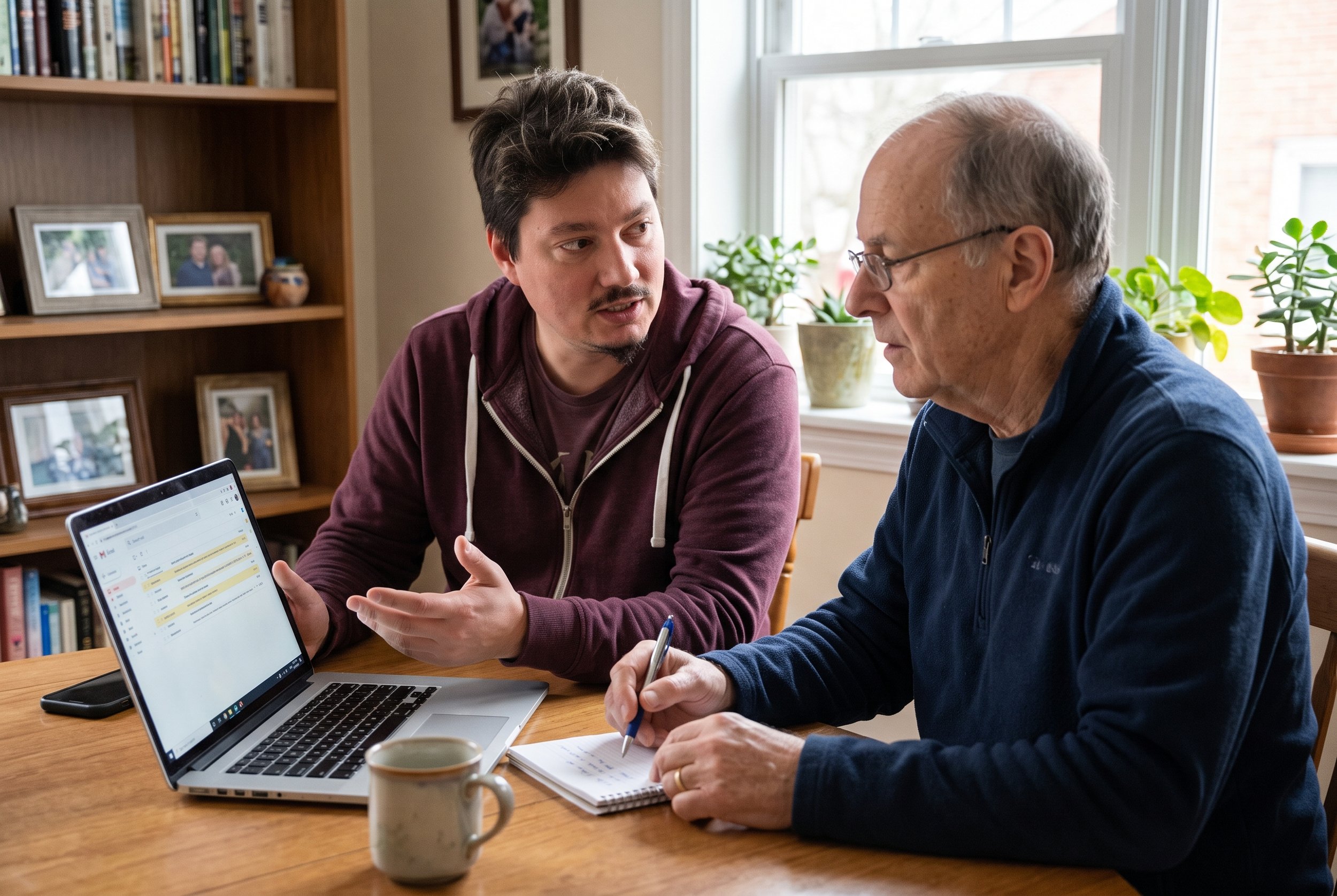 Two men sitting at a wooden table discussing, with laptops, notebooks, and pens. One man is younger, wearing a maroon hoodie, and the older man is wearing glasses and a dark blue jacket. There are framed family photos and potted plants on a bookshelf and windowsill behind them.