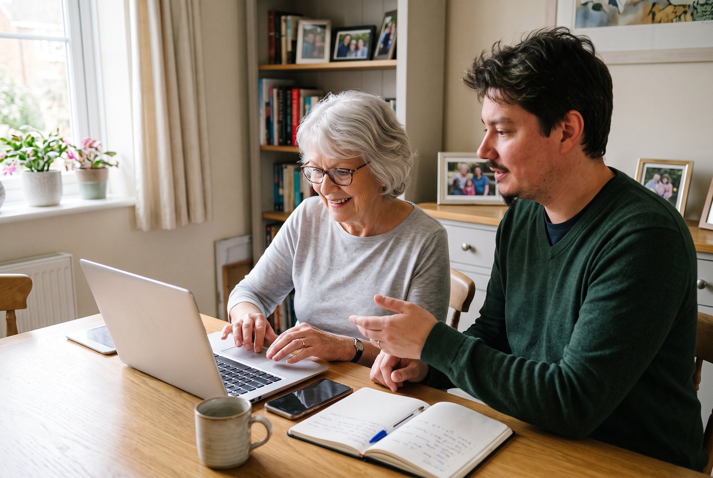 An elderly woman and a young man sitting at a wooden table, looking at a laptop together in a cozy room with framed photos and books on a shelf behind them.