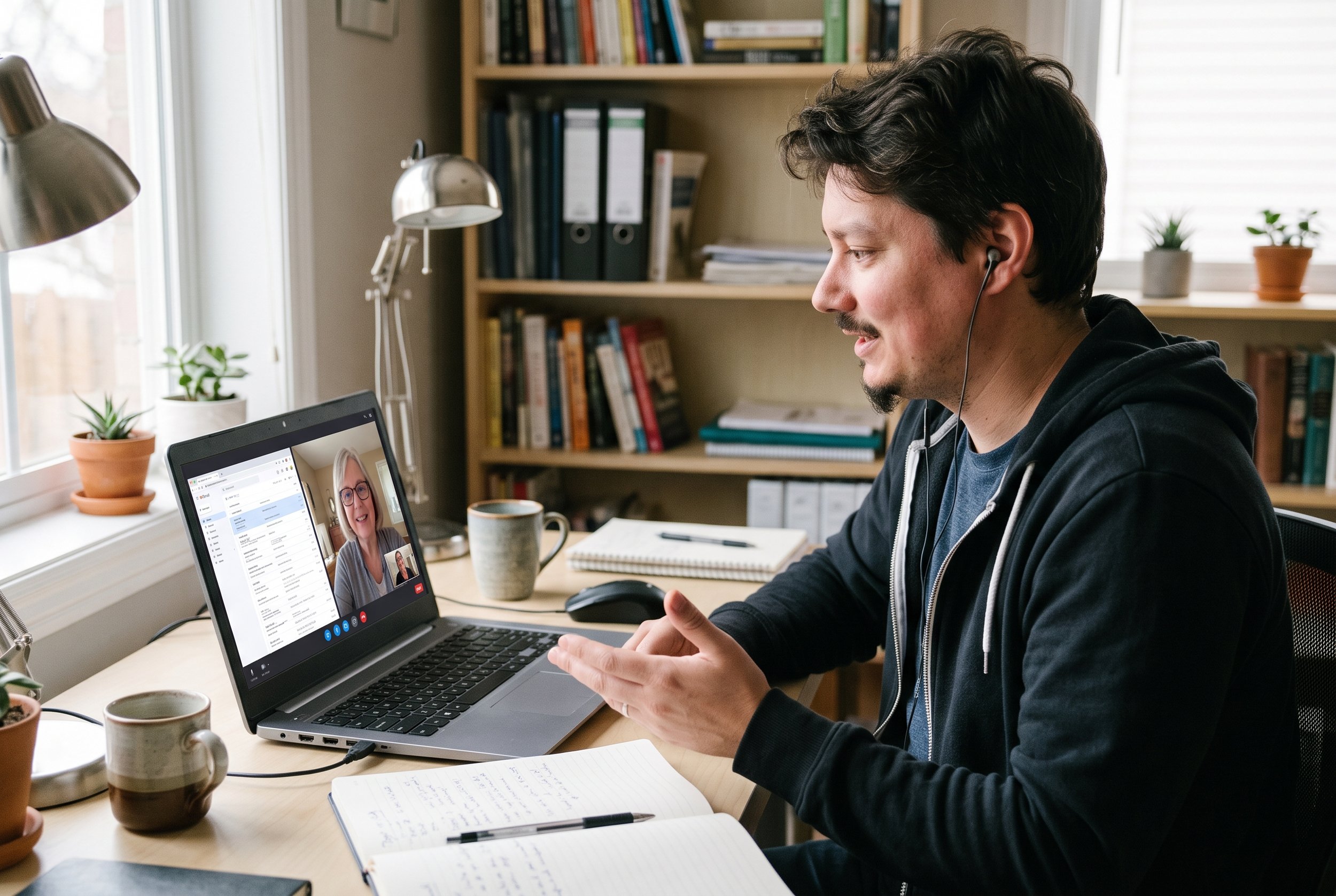 A man sitting at a desk on a video call with a woman on a laptop screen. The desk has notebooks, pens, and coffee mugs. The room has a bookshelf, plants, and sunlight coming through a window.