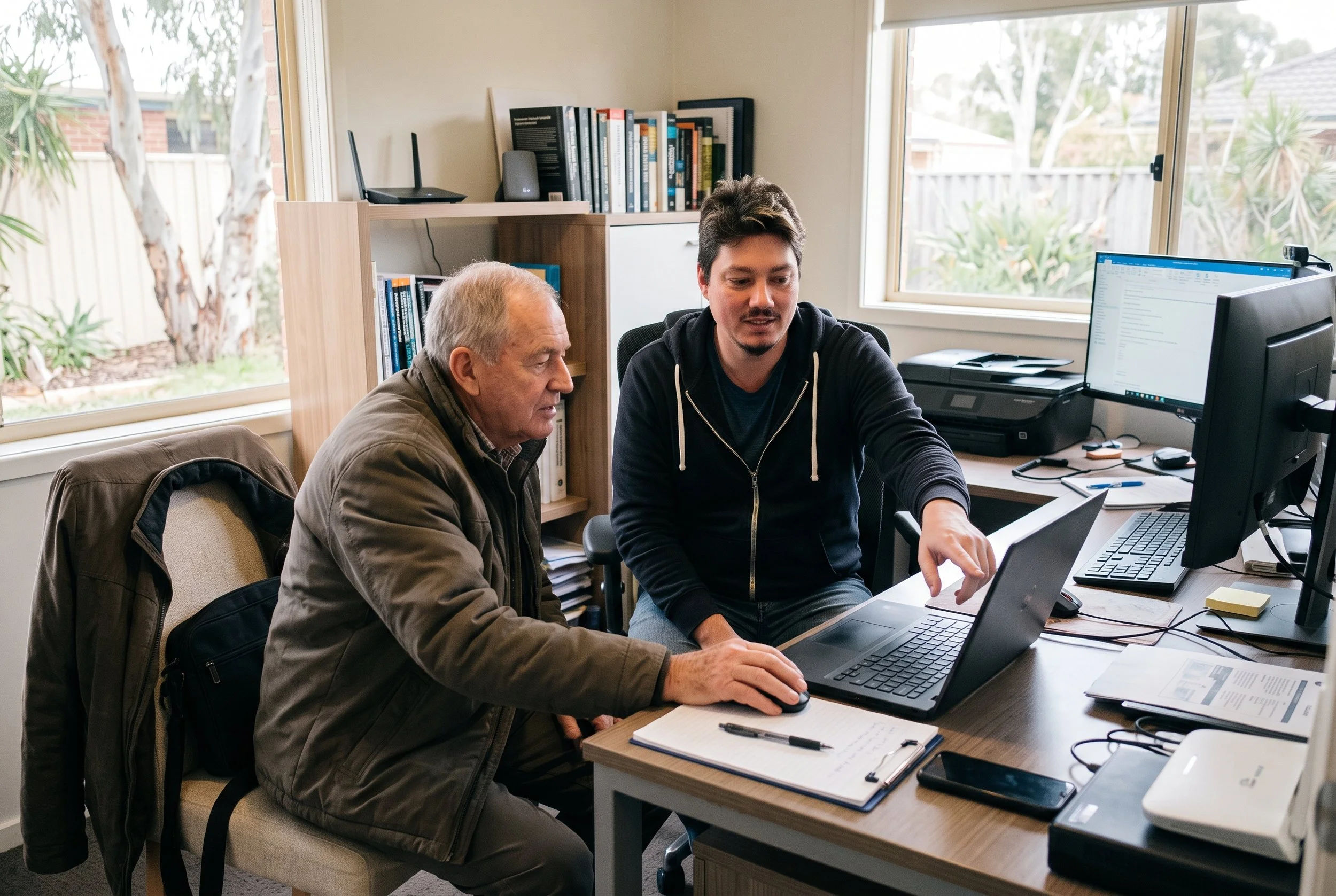 Two men, one older and one younger, sitting at a cluttered office desk with laptops, papers, and a notebook, working together with a window showing outdoor trees in the background.