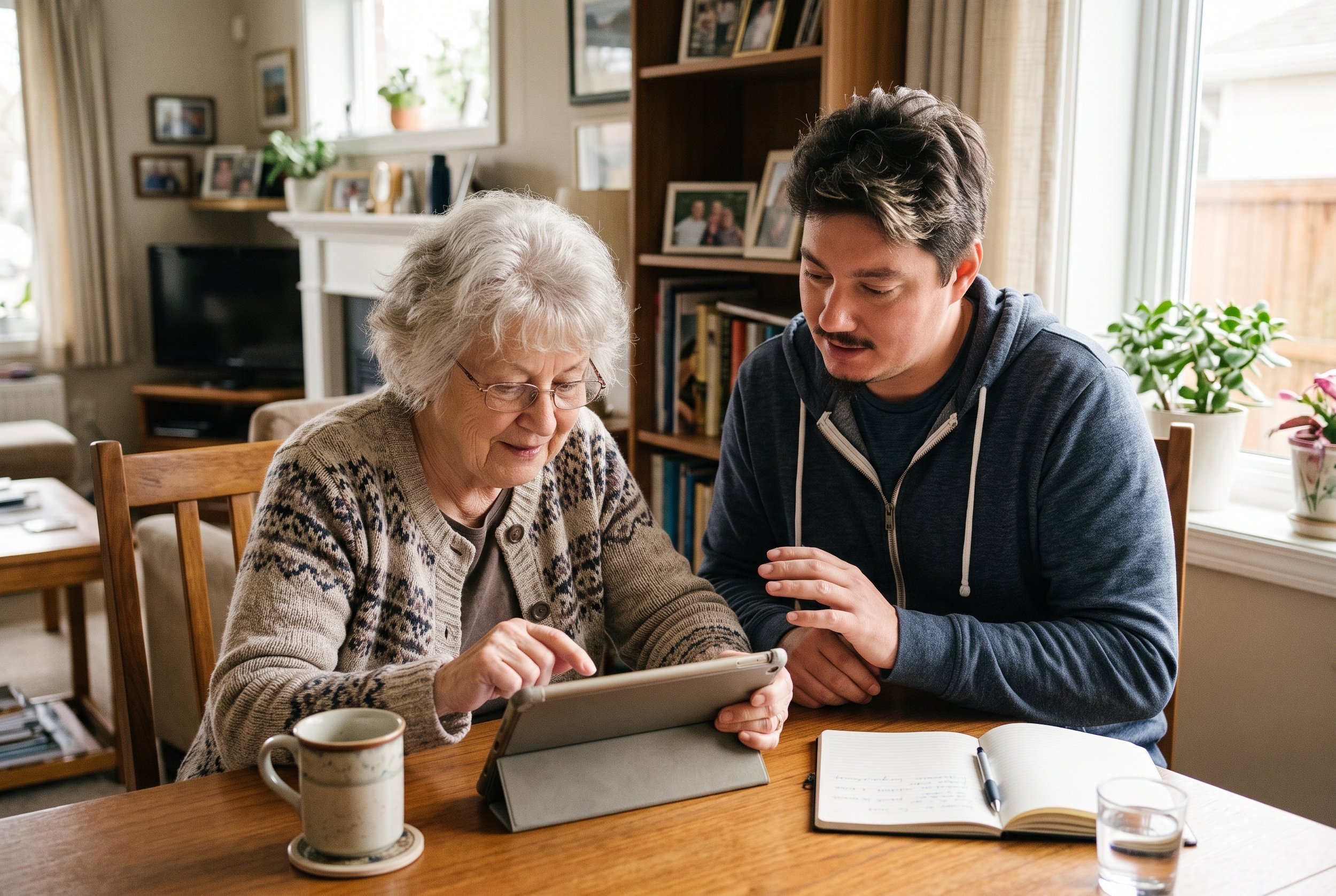 An elderly woman and a young man sitting at a wooden table looking at a tablet screen together in a cozy living room with framed photos on shelves, open notebooks, a coffee mug, and a glass of water on the table.