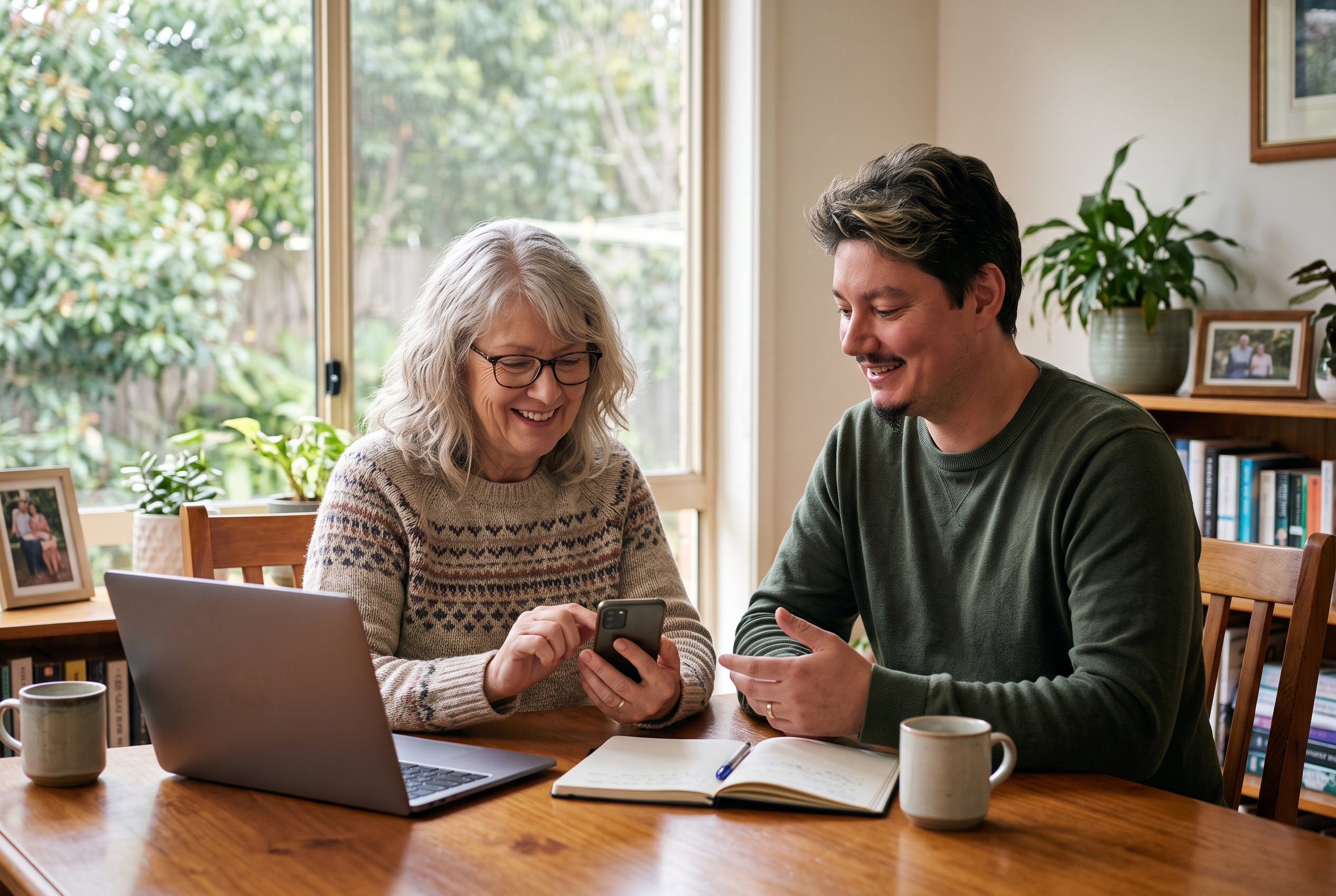A woman and a man sitting at a wooden table looking at a smartphone together, with a laptop, notebooks, and coffee mugs, in a room with large windows and potted plants.