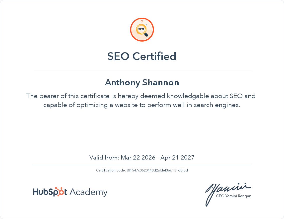 SEO Certified certificate awarded to Anthony Shannon by HubSpot Academy, valid March 2026 to April 2027