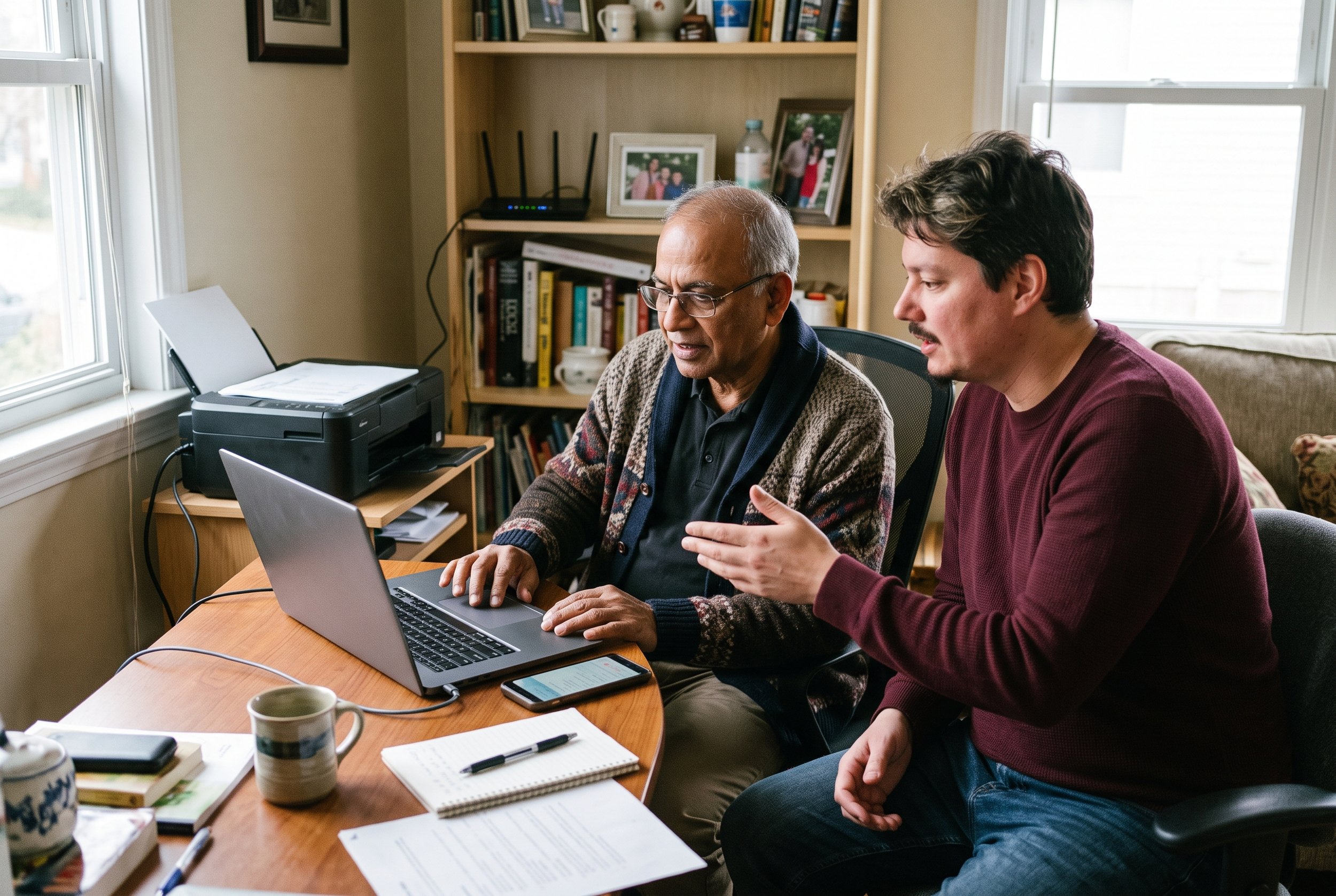 Two men sitting at a wooden table, working on a laptop, with papers and a notebook in front of them, in a room with a bookshelf and large windows.