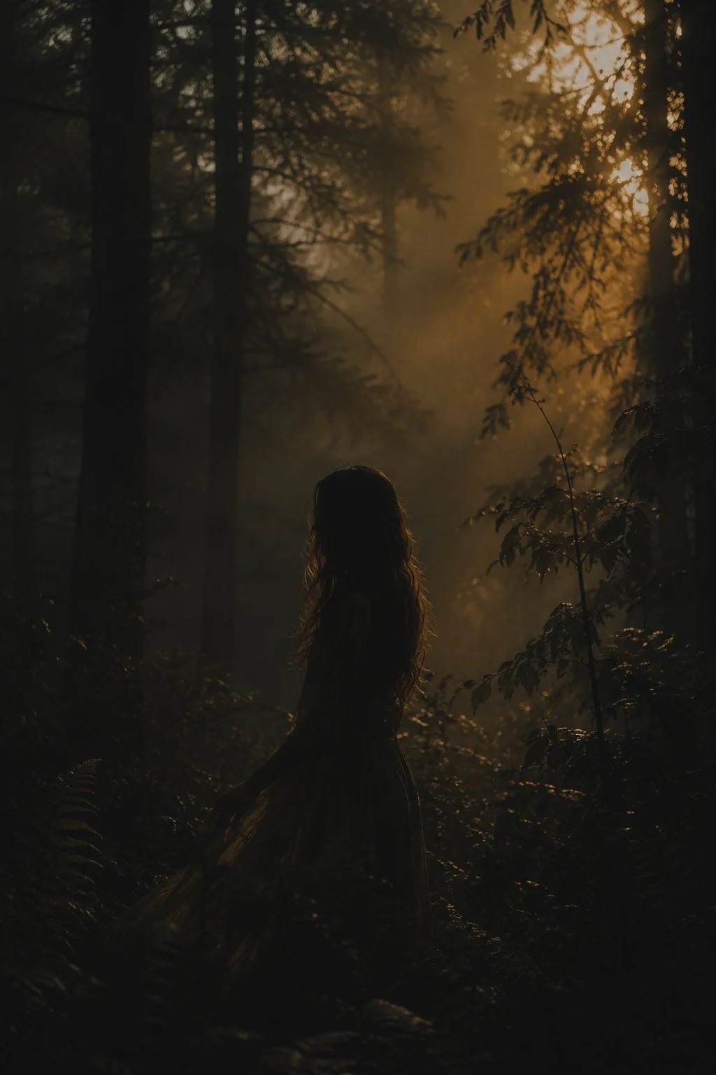 a woman in the forest grounding herself by connecting to nature in the forest. she is self reflecting, connecting to her stillness, her presence, het intuition to gain a higher perspective on her life