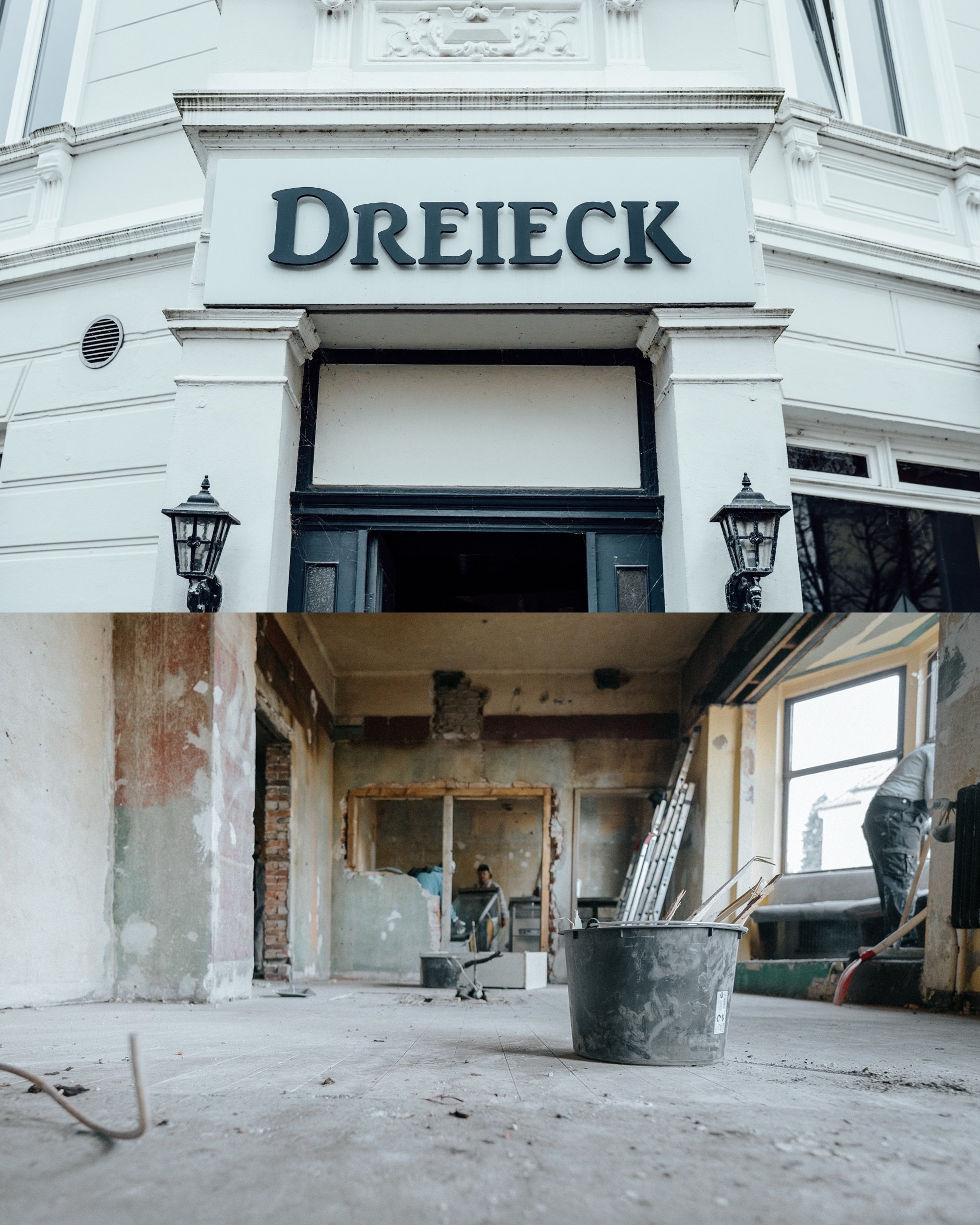 Zweibildaufnahme: Oben ein Geschäftseingang mit dem Schild "Dreieck" über der Tür; unten ein Innenraum in Renovierung mit einem Eimer und Bauwerkzeugen, sowie einer Person im Hintergrund.