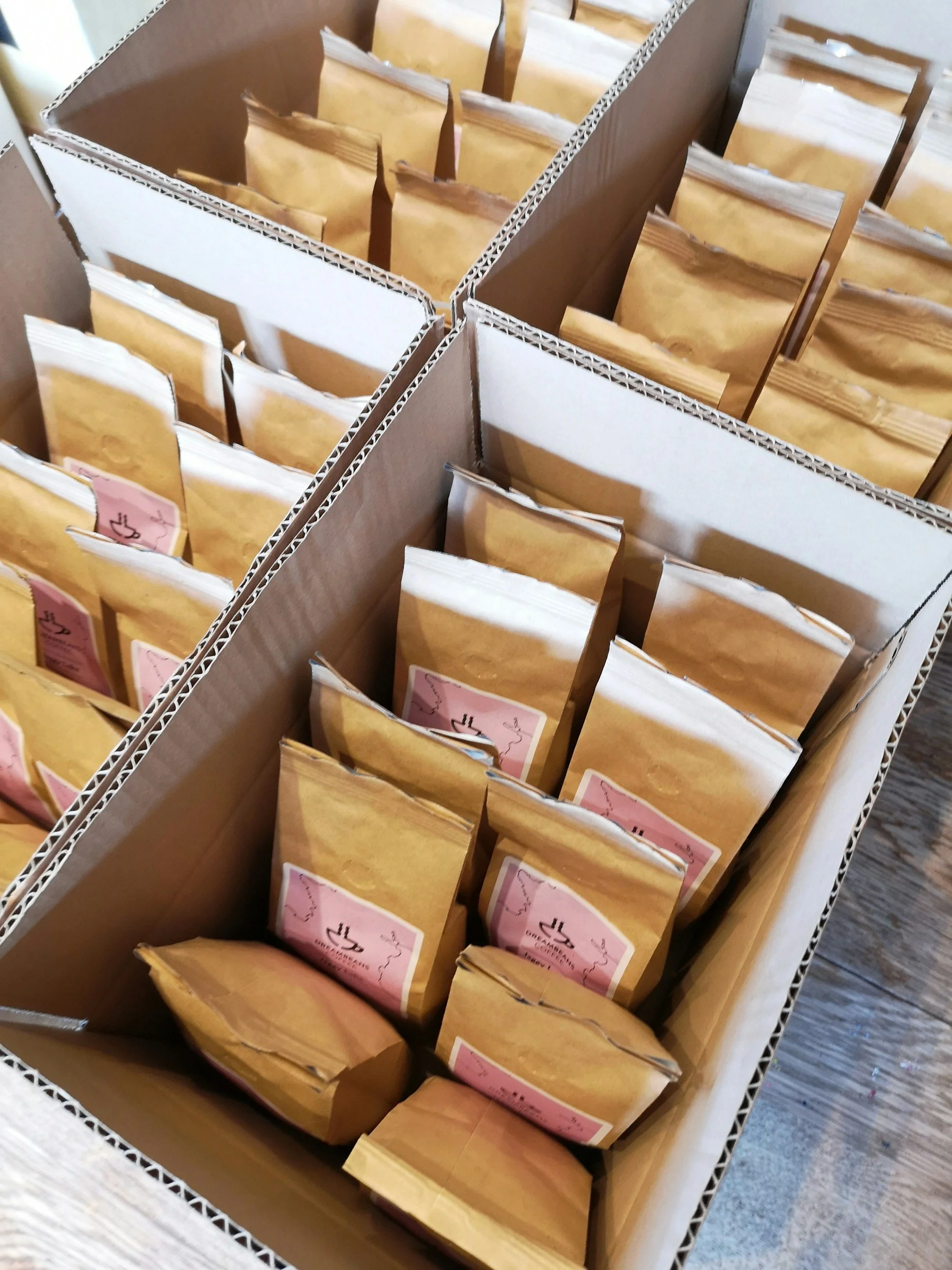 coffee bags packed into boxes