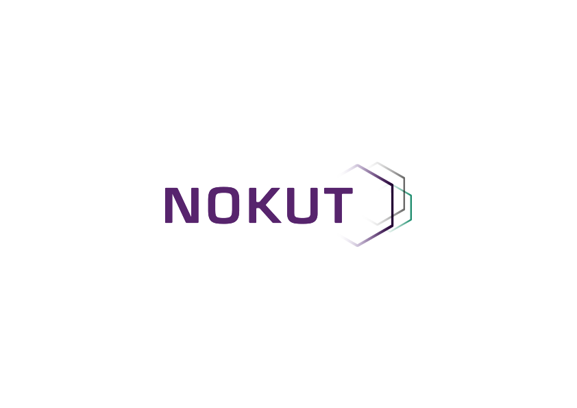 Logo for Nokut med navnet skrevet i lilla og geometriske former rundt.