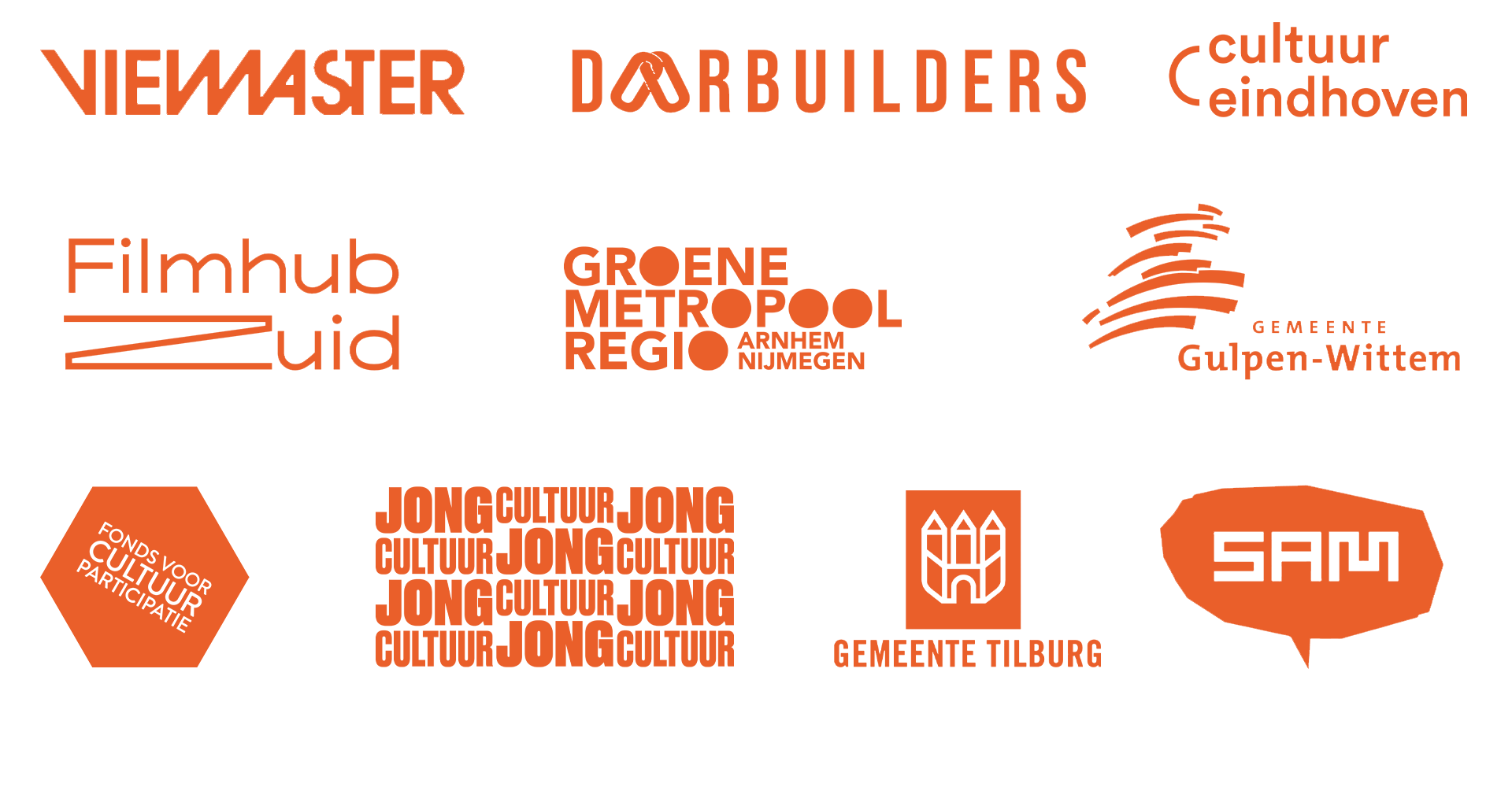Verschillende oranje logo's van Nederlandse culturele organisaties en gemeenten, waaronder Viewmaster, Doorbuilders, Cultuur Eindhoven, Filmhub Zuid, Groene Metropool Regio Arnhem Nijmegen, Gemeente Gulpen-Wittem, Fonds voor Cultuurparticipatie, Jong Cultuur, Gemeente Tilburg en SAM.