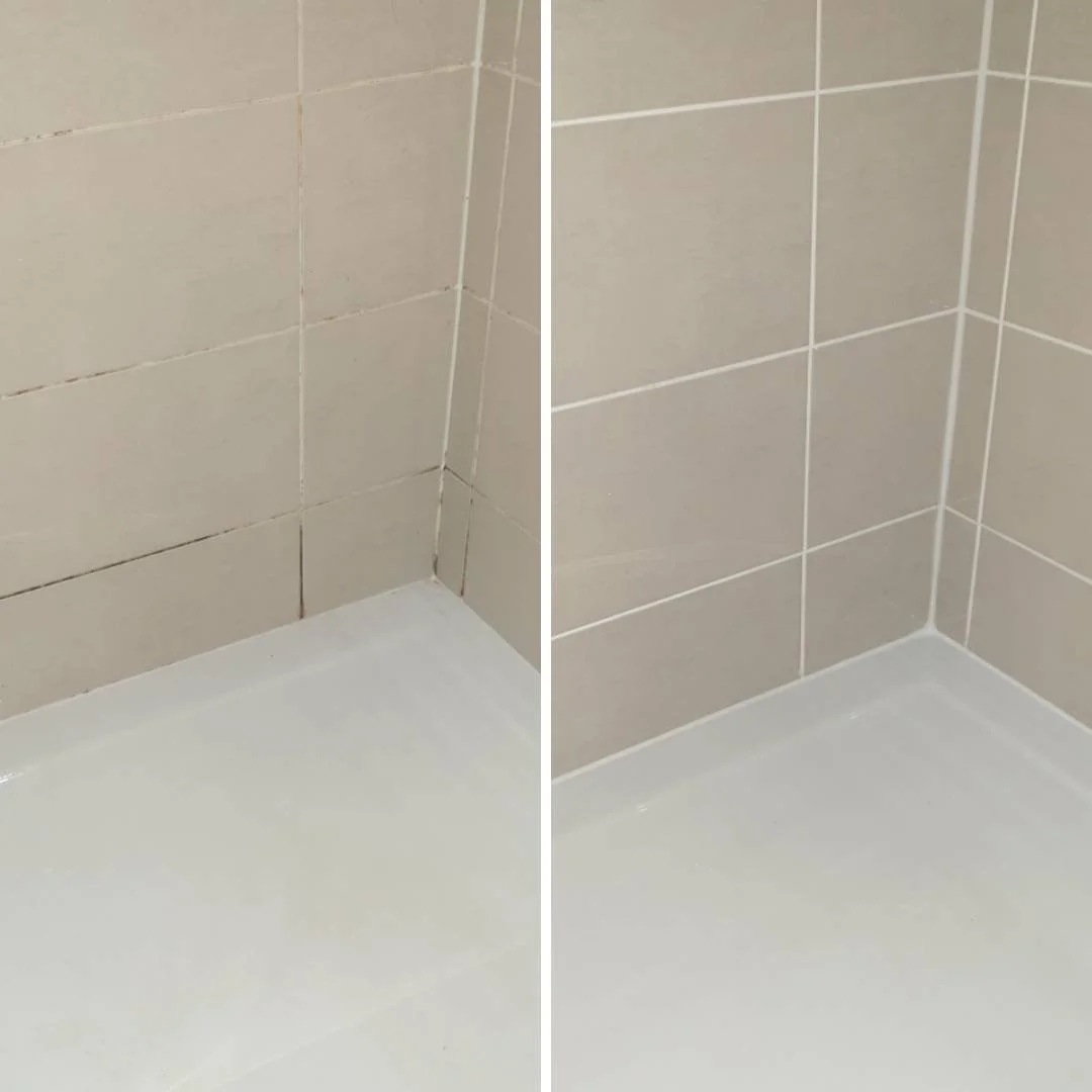 Comparison of bathroom corner before and after cleaning; beige tiles and white floor.