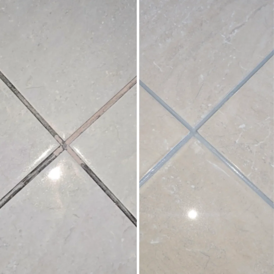 Comparison of two tiled floor sections showing the difference in grout quality and cleanliness, with the left tile grout appearing dirtier and more stained, and the right tile grout cleaner and newer.
