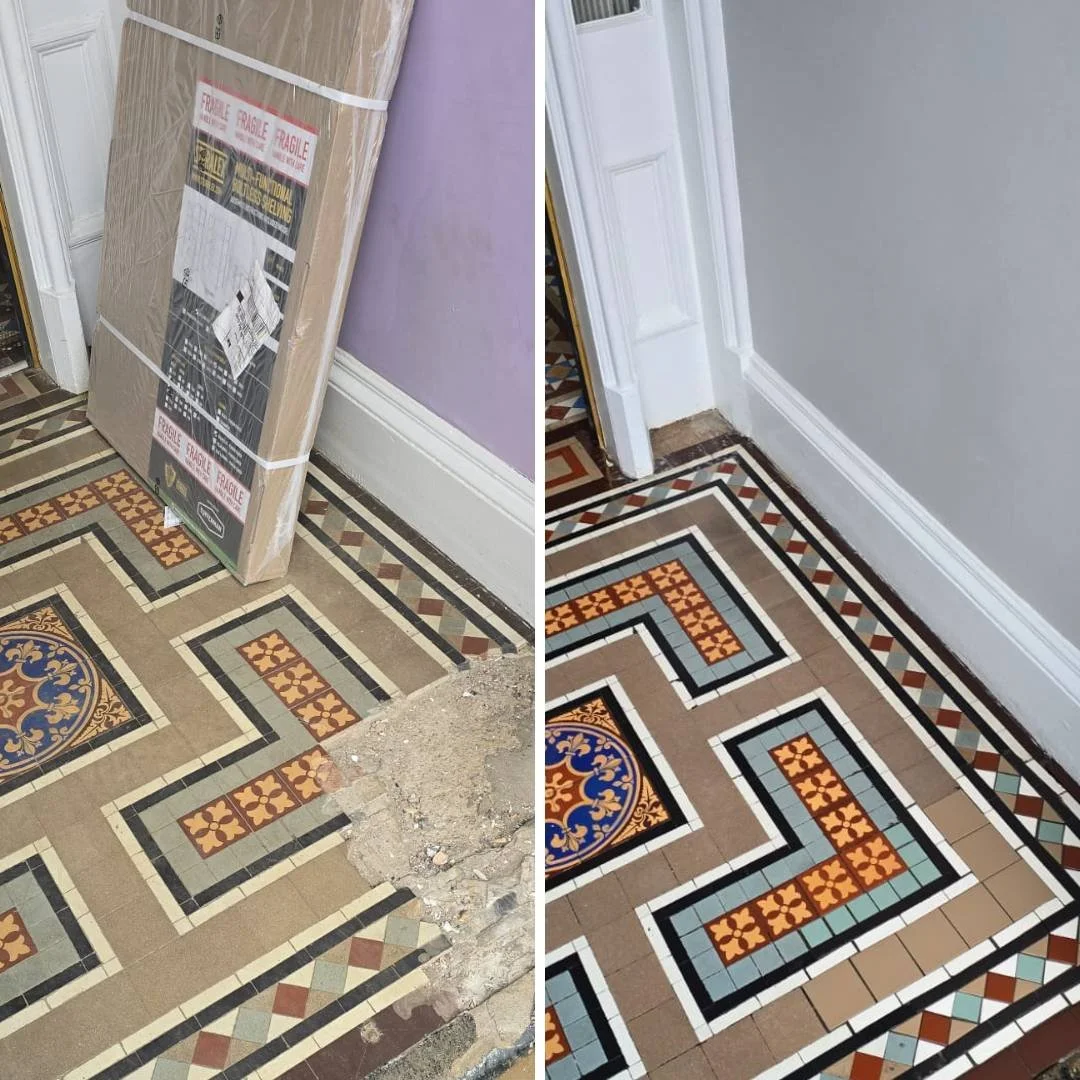 Comparison of a floor before and after tiling repair. The left side shows a damaged section with missing tiles, a cardboard box leaning against the wall, and an incomplete floor with debris. The right side displays the fixed section with new, colorful patterned floor tiles and white wall trim.