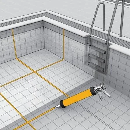 Empty swimming pool with a pool cleaning tool with a yellow handle resting on the tiled floor.