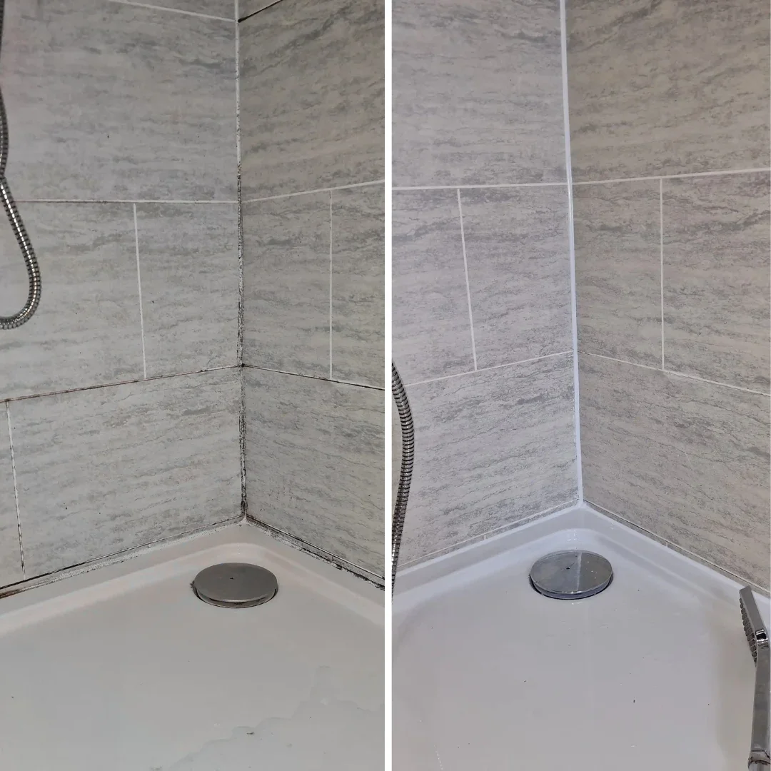 Comparison of a shower corner before and after cleaning. The left side shows dirty grout between tiles, and the right side shows clean grout.