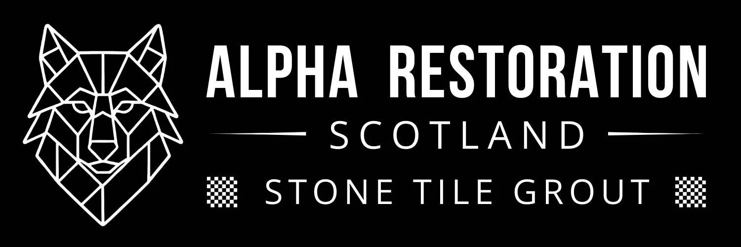 Logo with a geometric wolf head and text that reads "Alpha Restoration Scotland Stone Tile Grout" on a black background.
