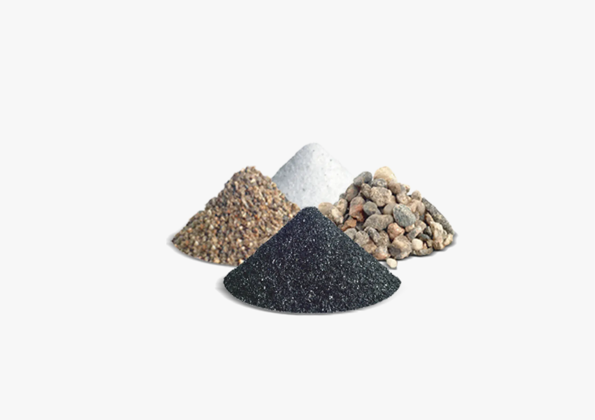 Montón de cinco diferentes tipos de grava y arena de distintos colores y tamaños.