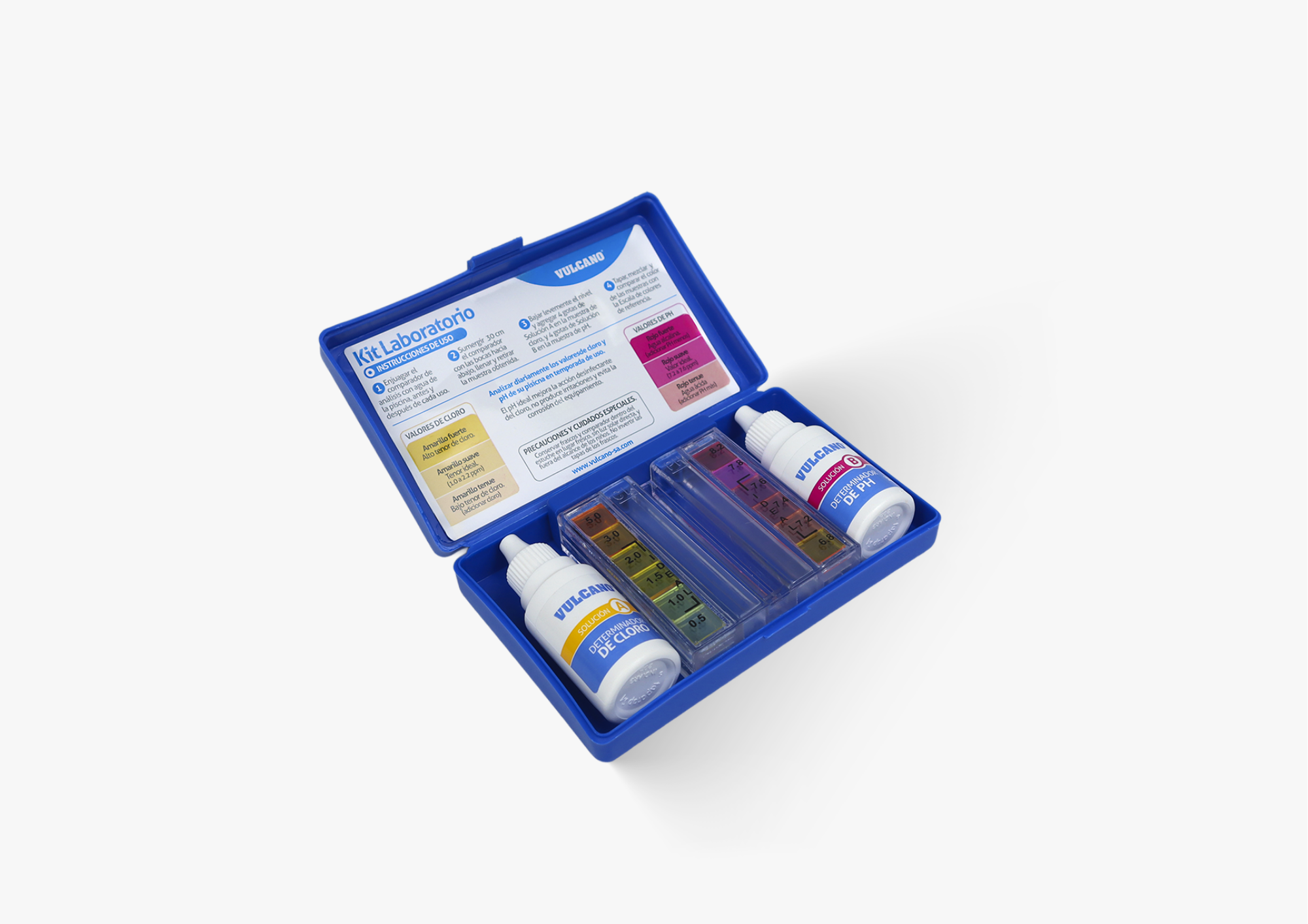 Kit de prueba de pH y de cloro en una caja azul con frascos y tablas de colores.