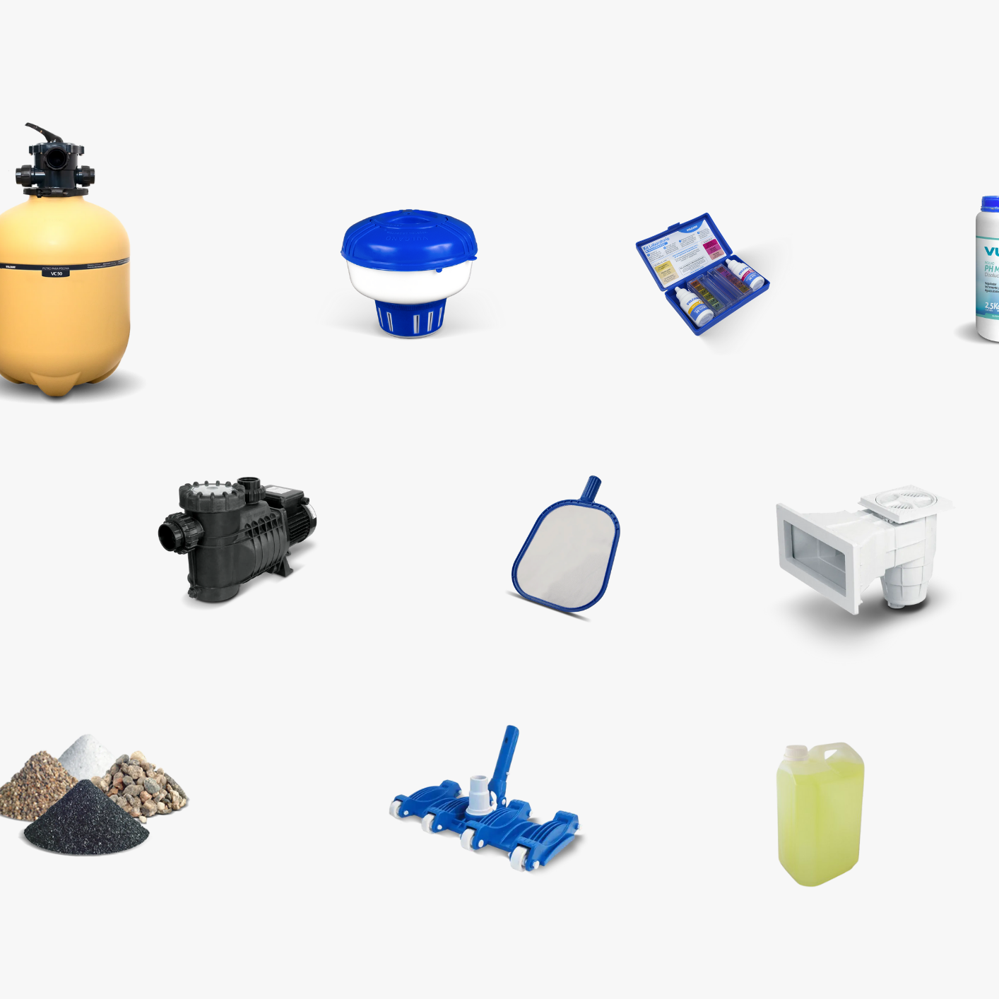Conjunto de equipo y productos para mantenimiento y tratamiento de piscinas, incluyendo filtro, skimmer, kit de productos químicos, clorador, bomba, espejo, desagüe, arena, limpia pisos, detergente y productos de limpieza.