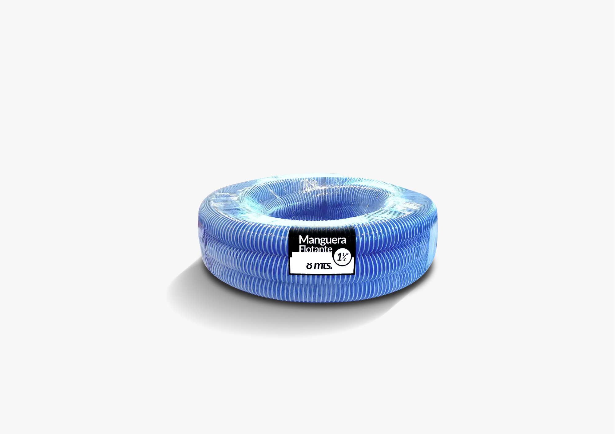 Manguera flotante azul de 1.5 pulgadas, enrollada sobre sí misma, etiqueta visible que indica su tamaño.