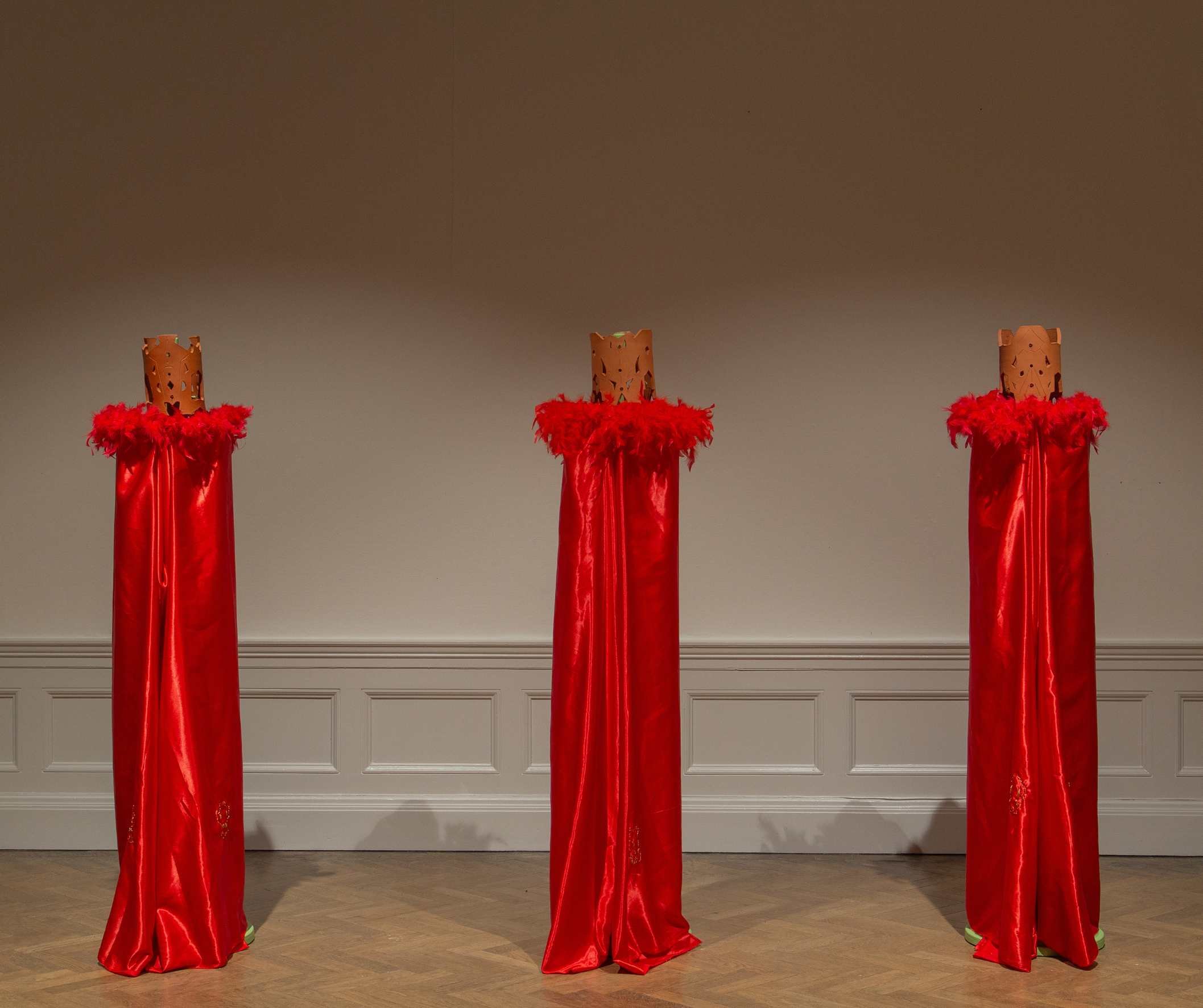 RYAN GUAGE LET BE WHAT MAY FOLLOW (2024) 

Two ritualistic sculptures created out of a faithful response to the text, explore the rich psychological stages of the human experience as told in Sir Gawain and the Green Knight. This work weaves together 