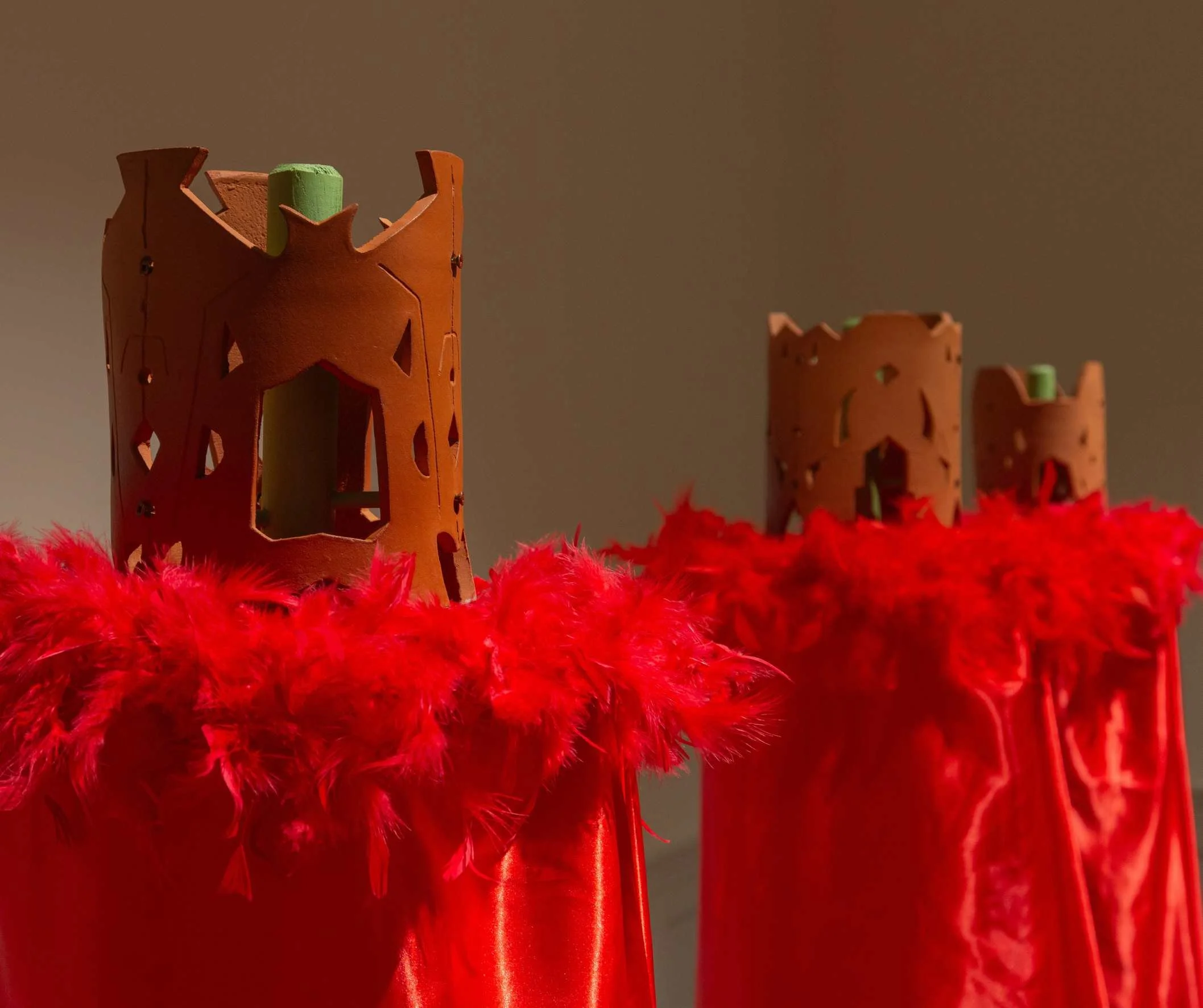RYAN GUAGE LET BE WHAT MAY FOLLOW (2024) 

Two ritualistic sculptures created out of a faithful response to the text, explore the rich psychological stages of the human experience as told in Sir Gawain and the Green Knight. This work weaves together 