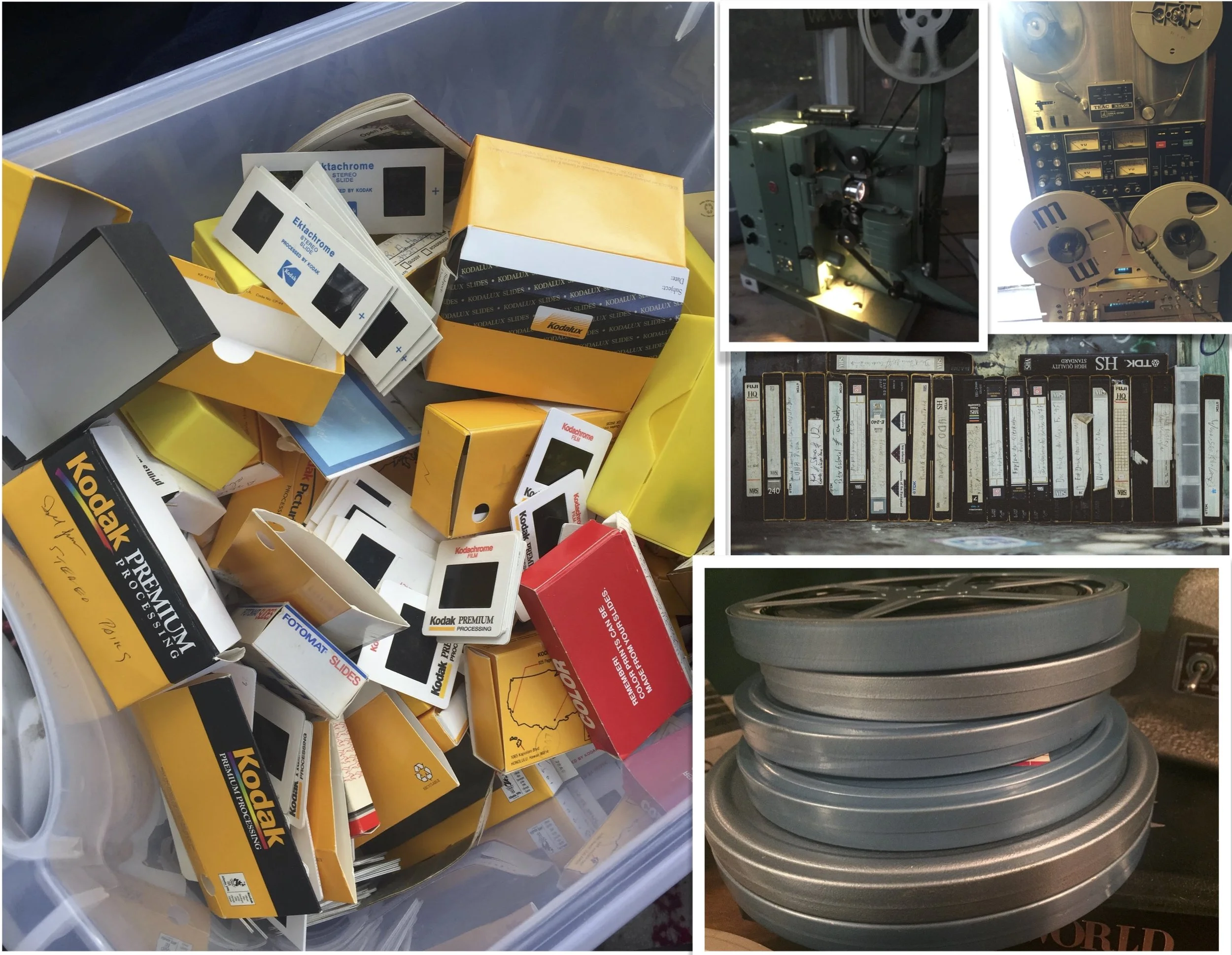 A collage of vintage photography equipment, including boxes of Kodak film, a film editing machine, a collection of 35mm film rolls, and a film editing reel.