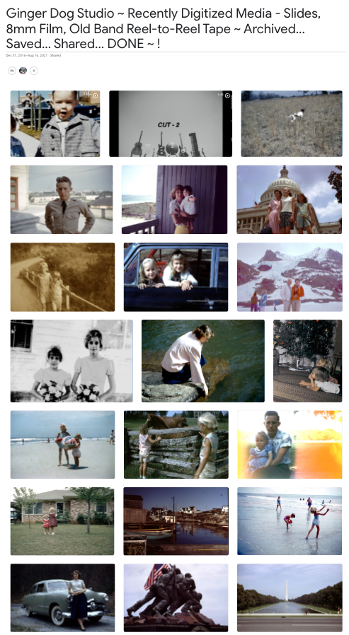 A collage of vintage family photos, including children playing, people at the beach, scenic mountain views, and historical landmarks.