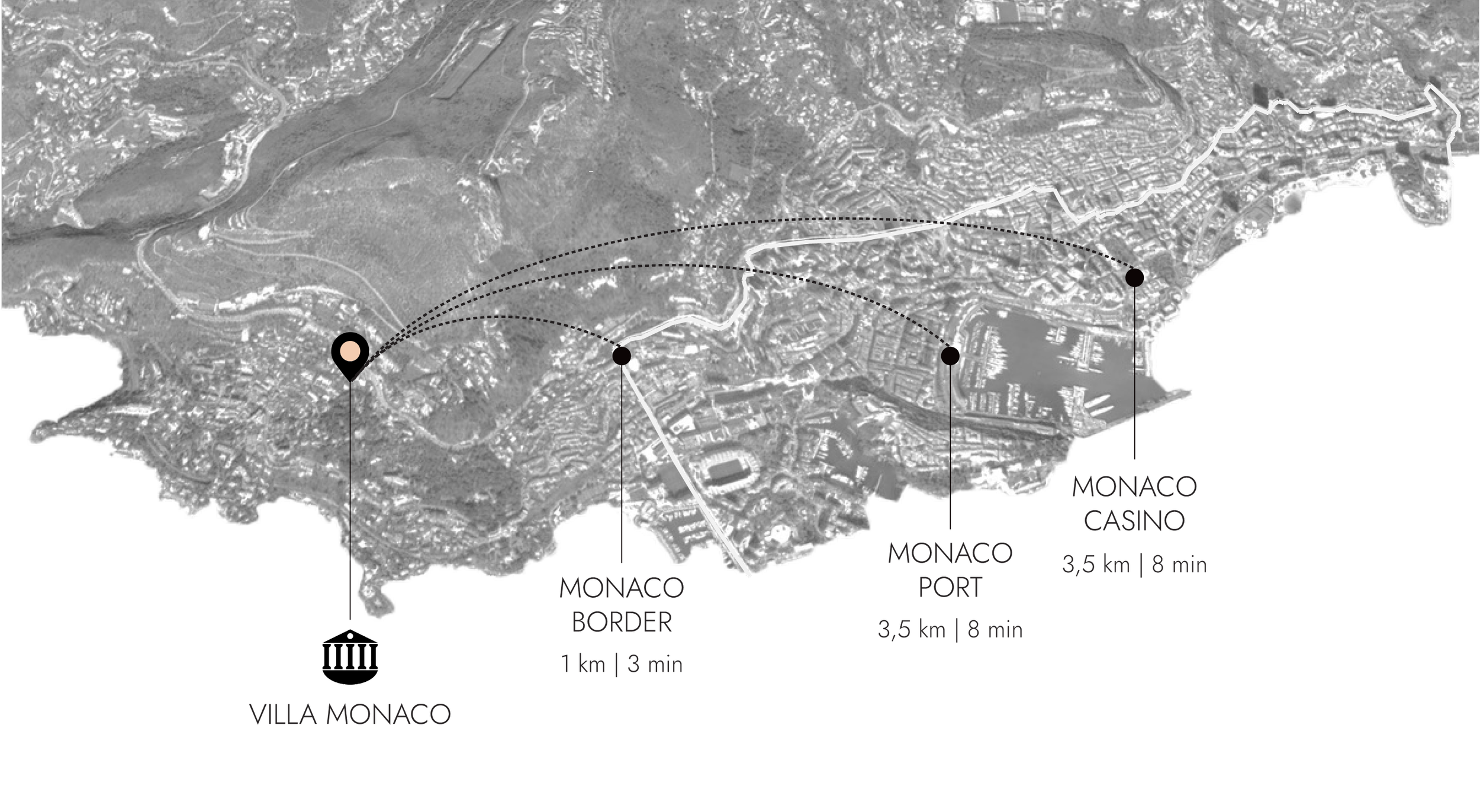 satellite map of Monaco showing Villa Monaco, Monaco border, Monaco port, and Monaco casino with distances and travel times