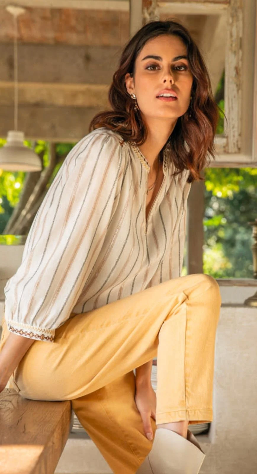 Elora clothing - Cream stripe blouse and yellow trousers