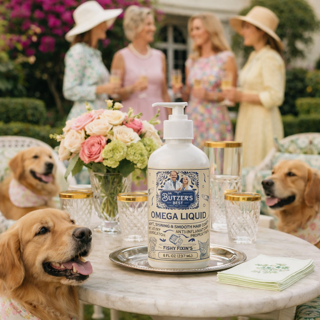 Dr. Butzer’s Best Omega Liquid fish oil supplement for dogs, featuring omega-3 fatty acids for healthy skin and a shiny coat, displayed on an elegant outdoor garden table with golden retrievers.