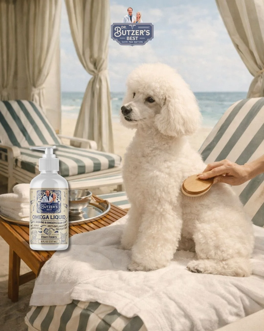 White poodle being gently brushed at a luxurious beachfront cabana beside Dr. Butzer’s Best Omega Liquid, promoting healthy skin and a soft, shiny coat.