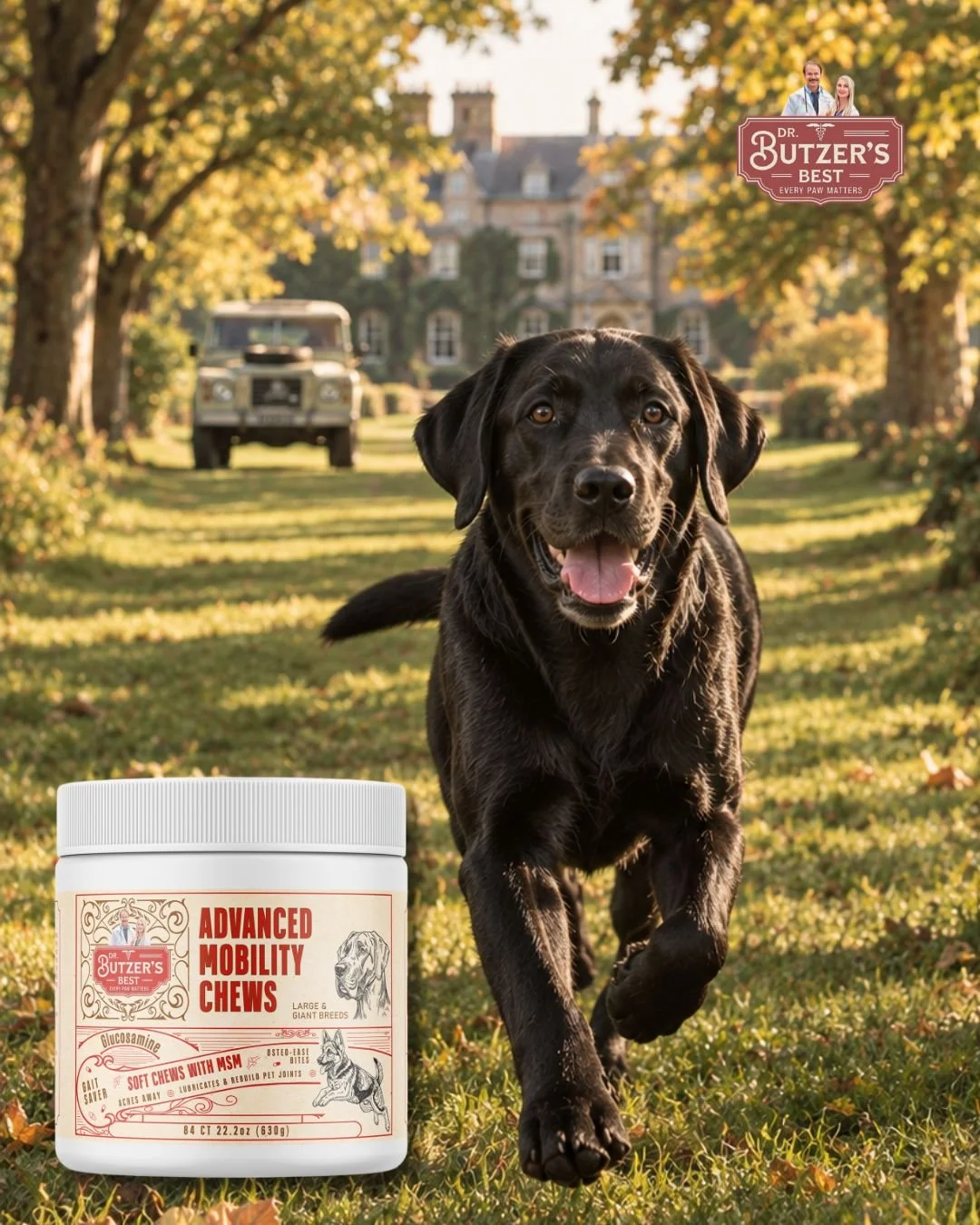 Dr. Butzer’s Best Advanced Mobility Chews for large and giant breed dogs, featuring a black Labrador in an autumn countryside setting.