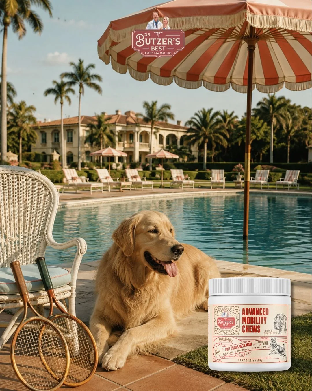 Senior golden retreiver by pool next to Dr. Butzer's Best Advanced Mobility Chews for joints