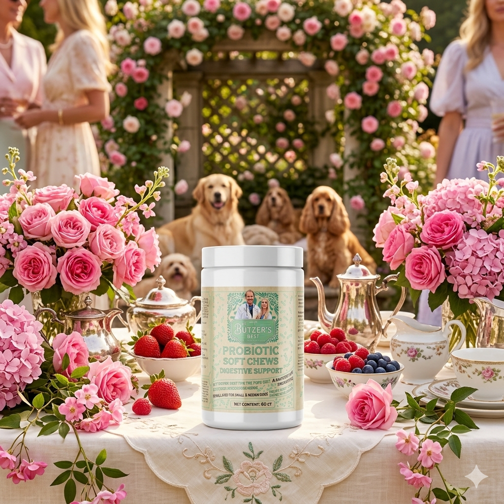 Dr. Butzer's Best Probiotic Soft Chews english breakfast tea party surrounded by dogs and flowers