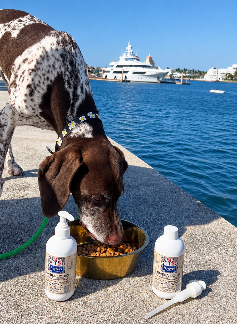 GSP German Shorthaired Pointer eating dog food with meal topper Dr. Butzer's Best Omega Fish Oils