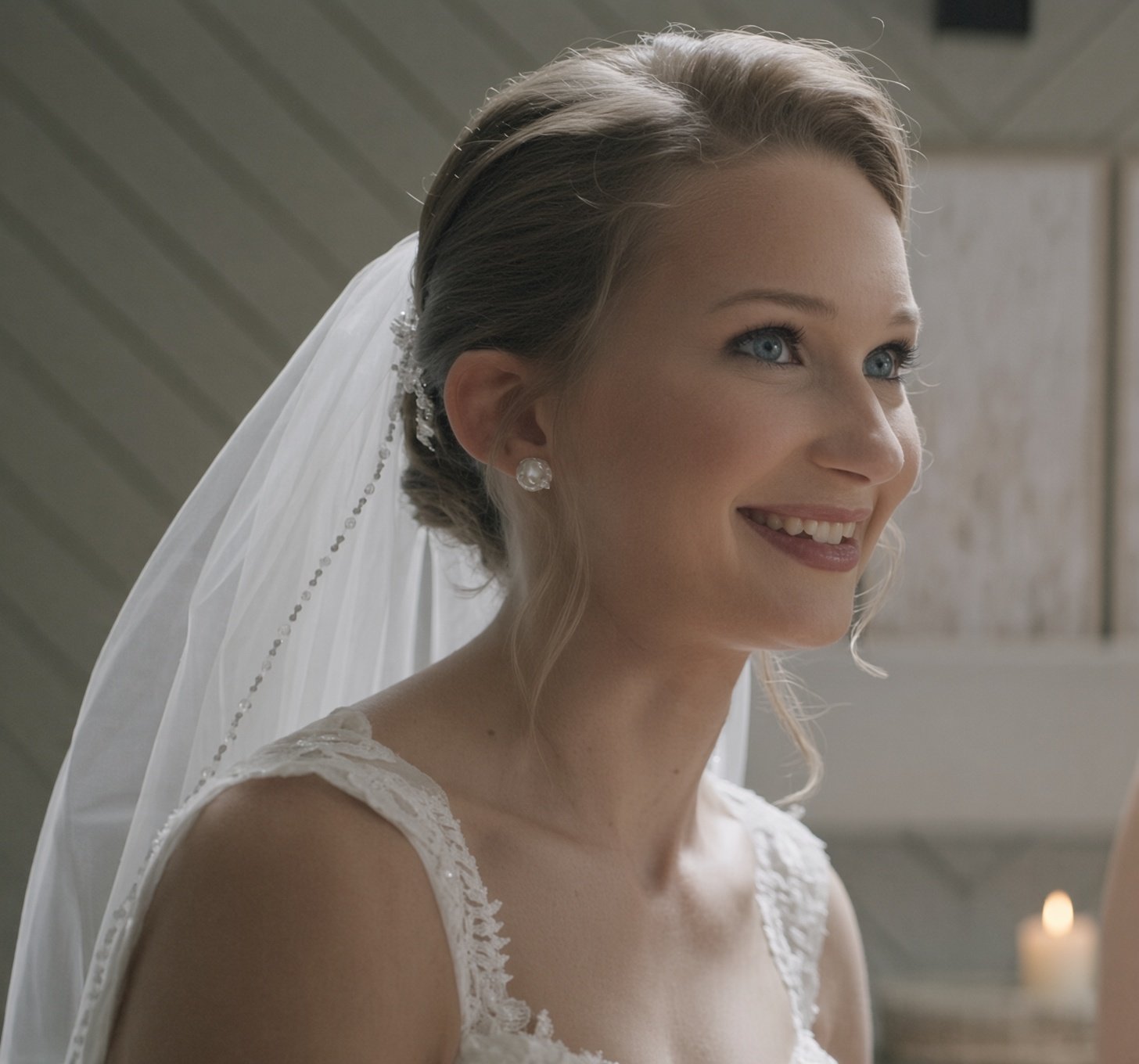 Smiling bride in a white lace wedding dress and veil