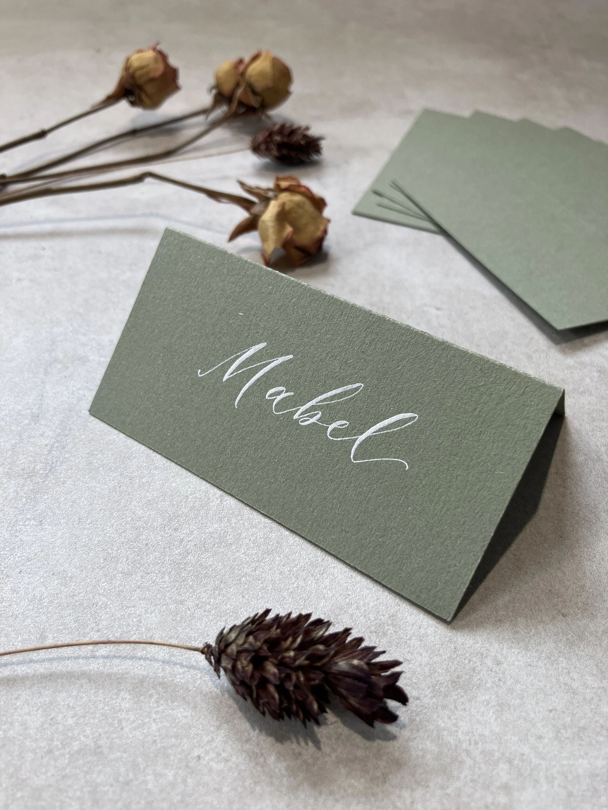 Moss/sage green tent fold place cards | wedding, event &  party stationery